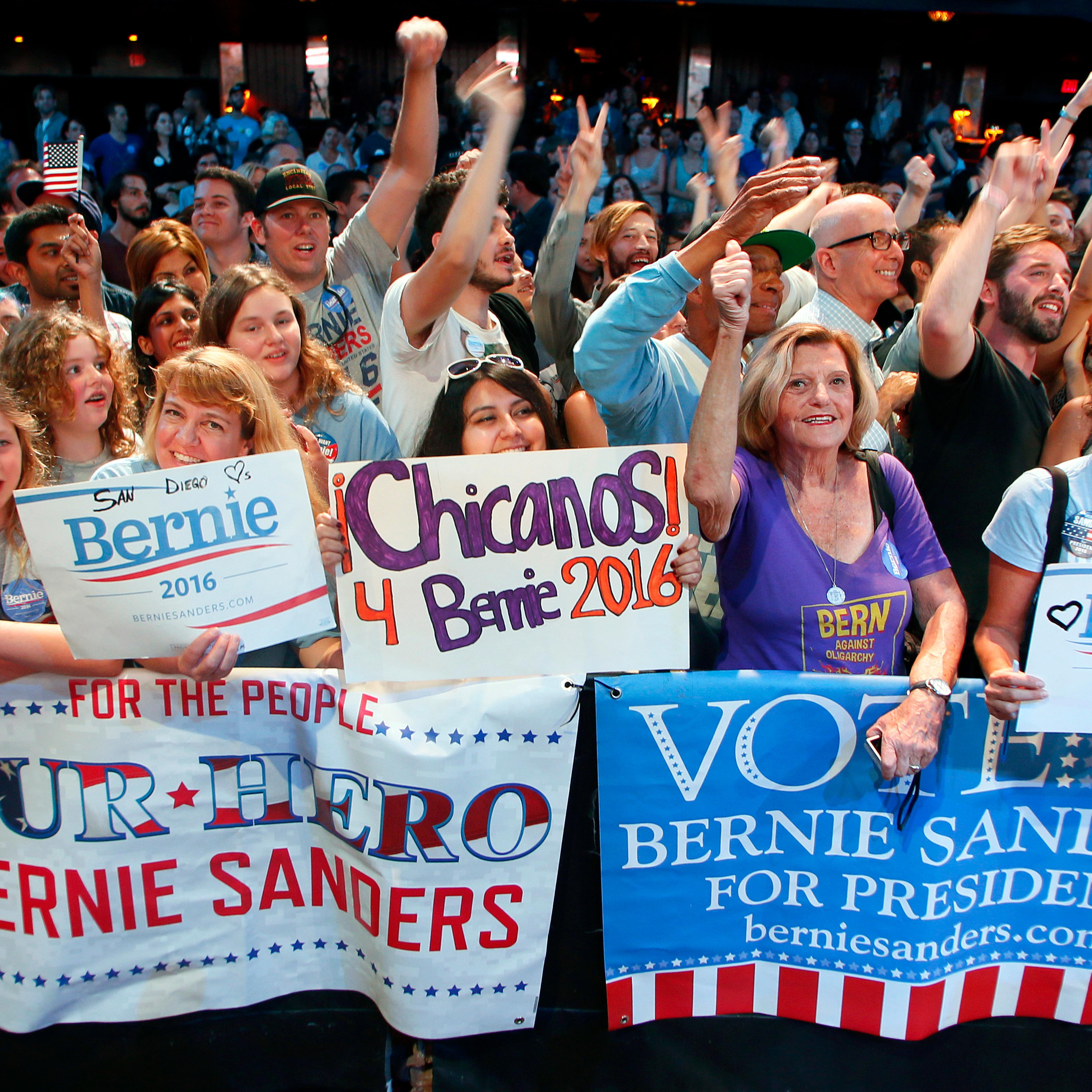 Supporters cheer for Democratic presidential candidate Sen. Bernie Sanders, of Vermont, at a fundraiser on Oct. 14, 2015, in Hollywood, Calif.