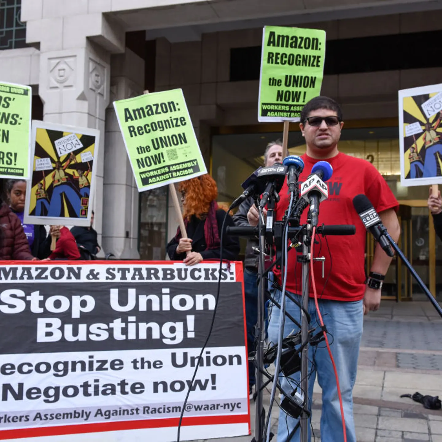 Jason Anthony, an Amazon labor organizer, speaks to members of the media during the vote count to unionize Amazon workers outside the National Labor Relations Board offices in the Brooklyn borough of New York on April 1.