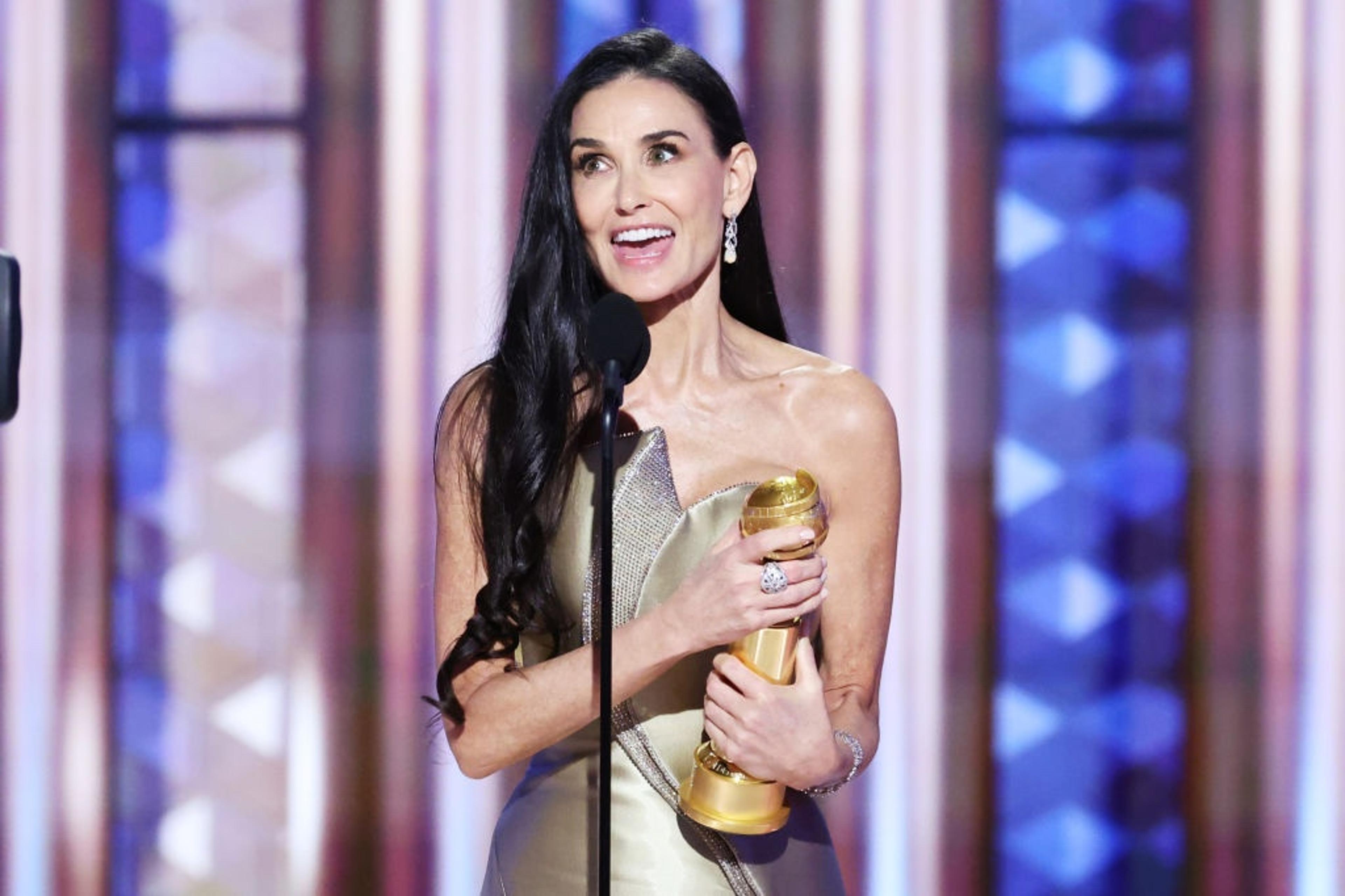 demi moore dress golden globes 2025 Demi Moore dressed like the award she wanted to win