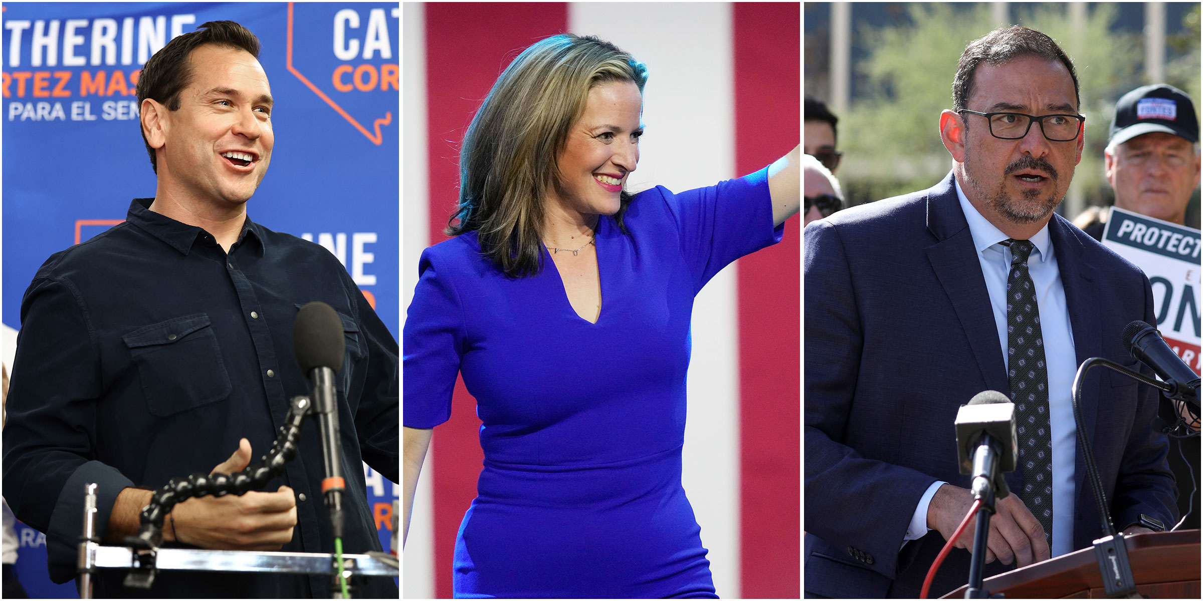 triptych of Democrat Secretaries of State Cisco Aguilar, Jocelyn Benson, and Adrian Fontes