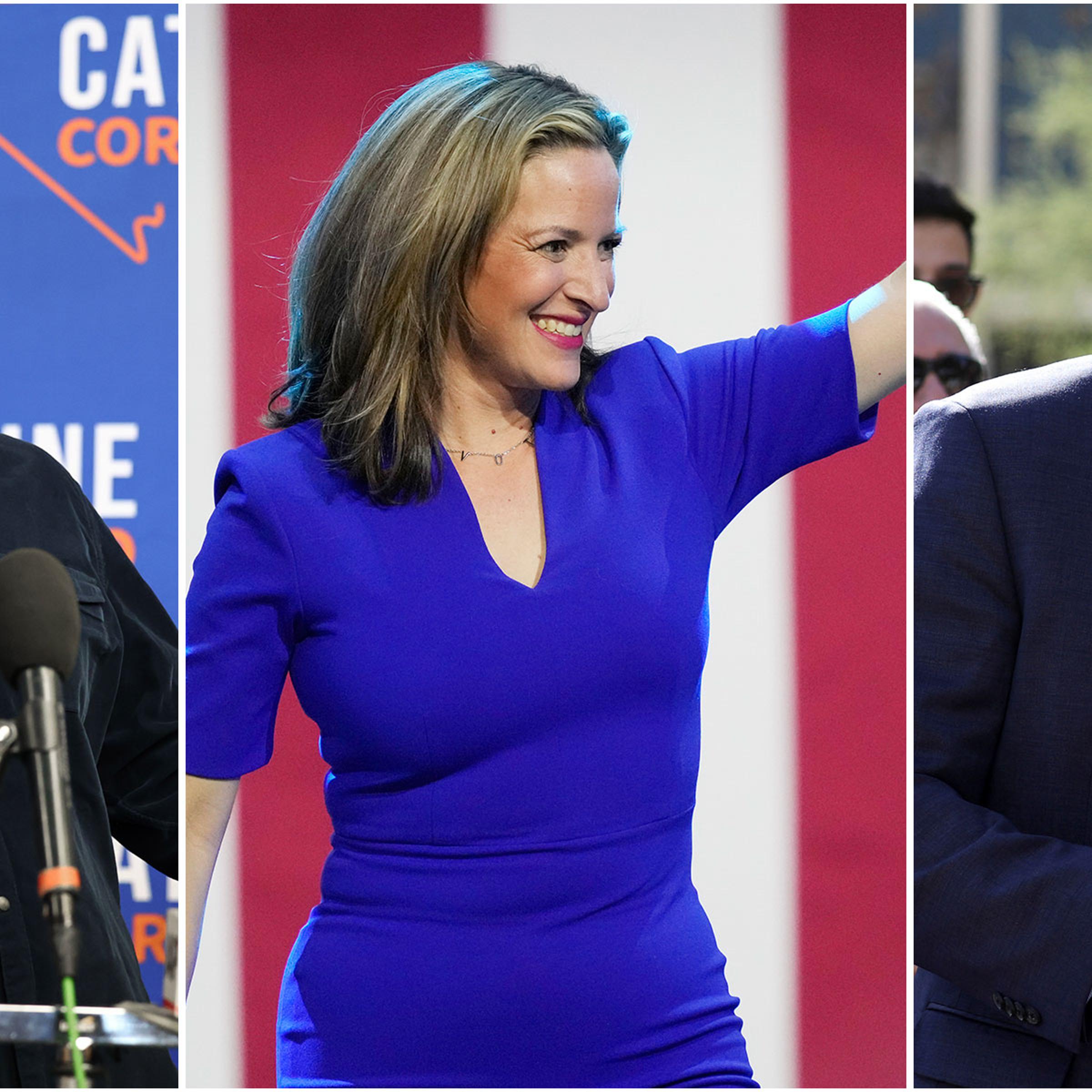 triptych of Democrat Secretaries of State Cisco Aguilar, Jocelyn Benson, and Adrian Fontes