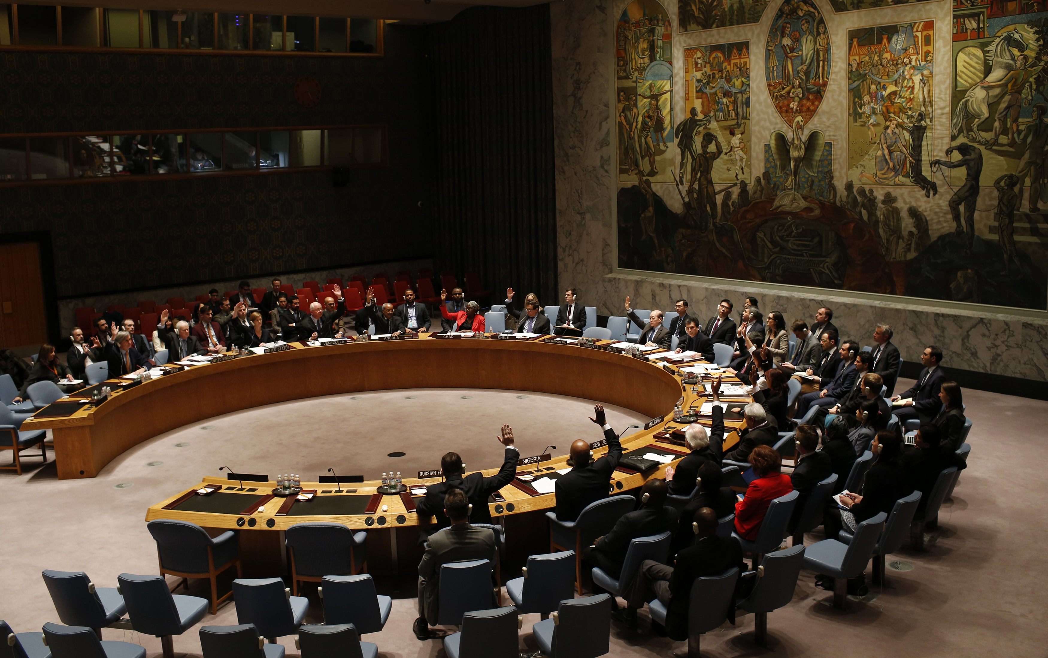 U.N. Security Council votes in favor of a resolution demanding the Houthi militia's withdrawal from Yemeni government institutions, at the U.N. headquarters in New York