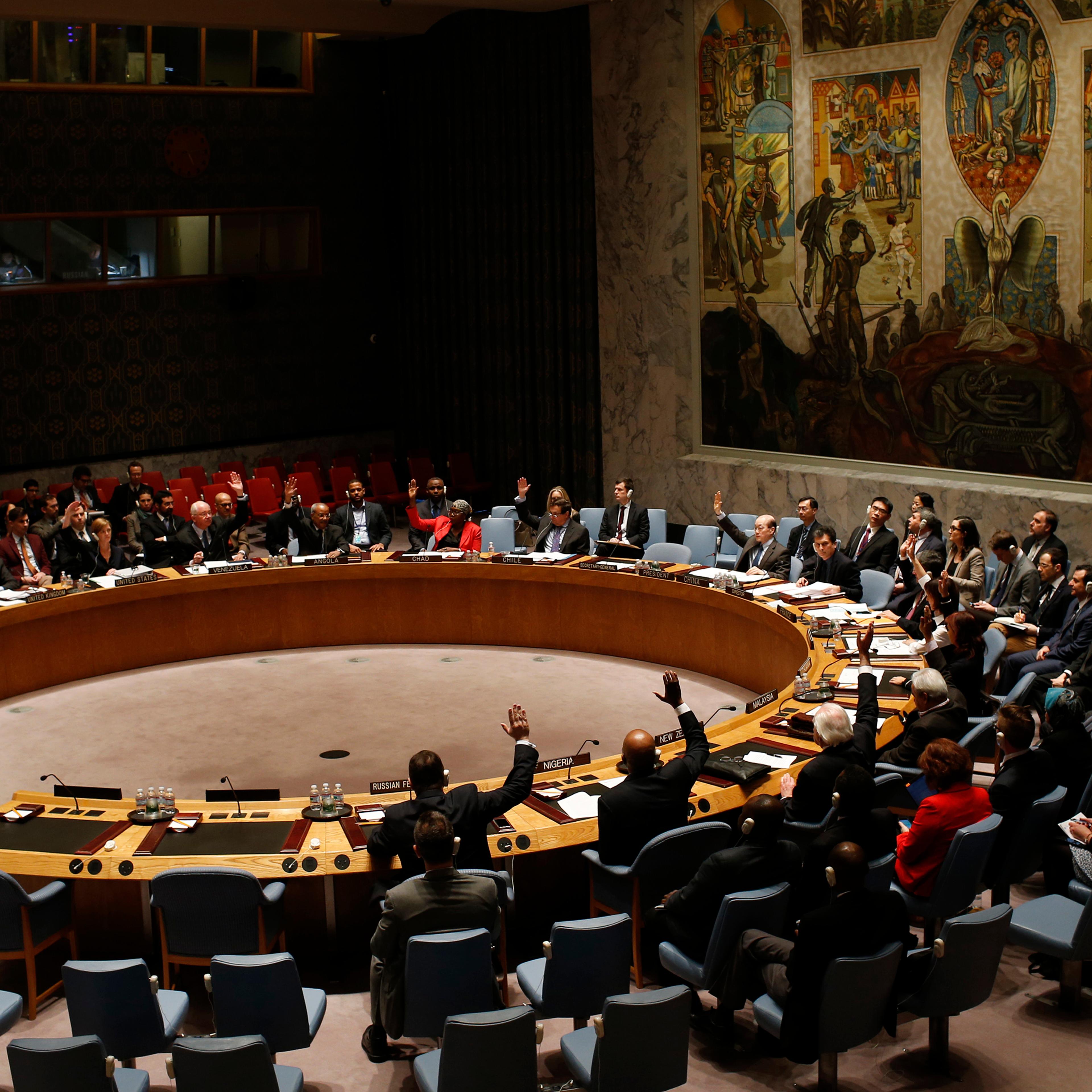 U.N. Security Council votes in favor of a resolution demanding the Houthi militia's withdrawal from Yemeni government institutions, at the U.N. headquarters in New York