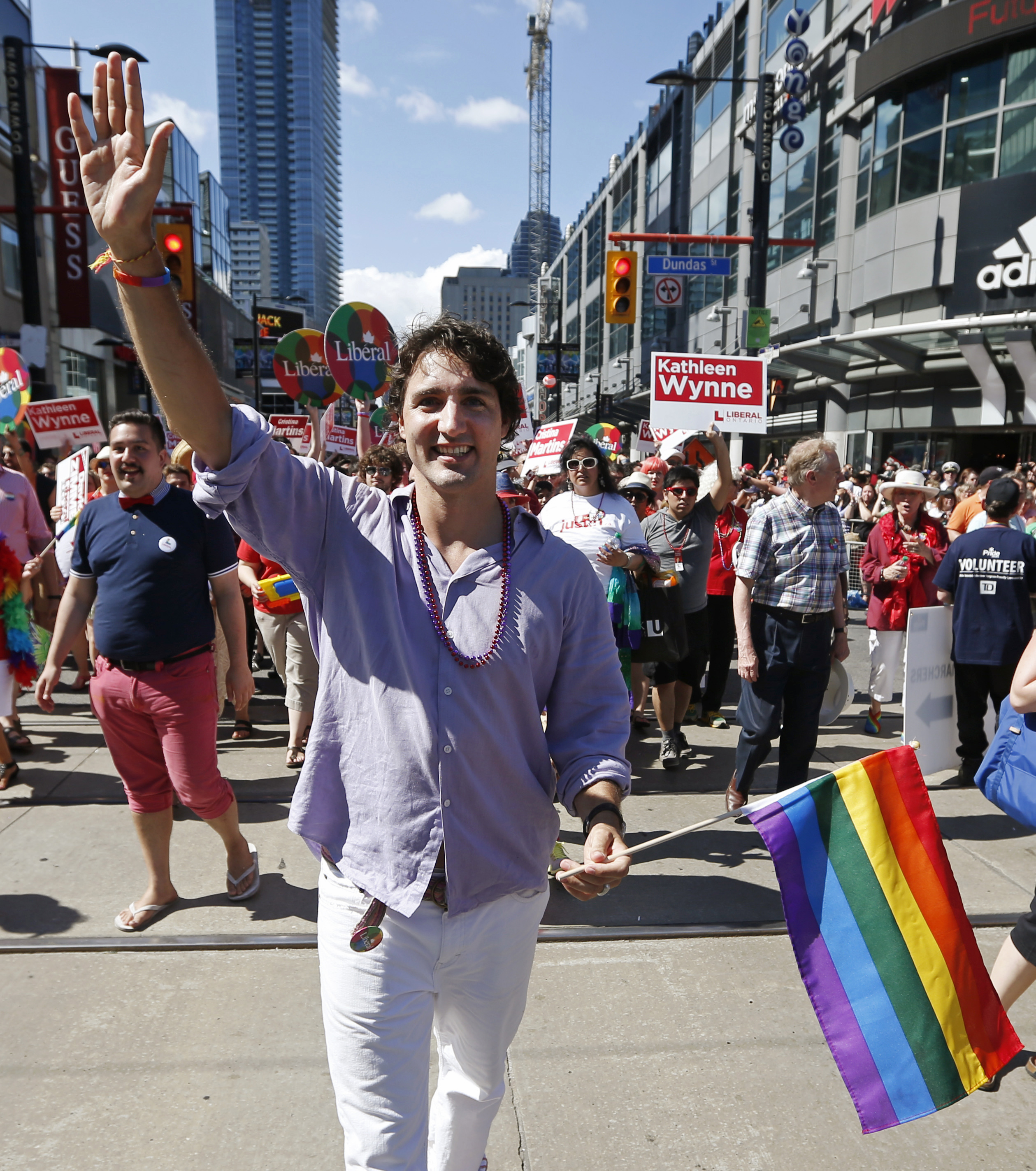 Liberal Party of Canada leader Trudeau marches during the gay pride parade in Toronto
