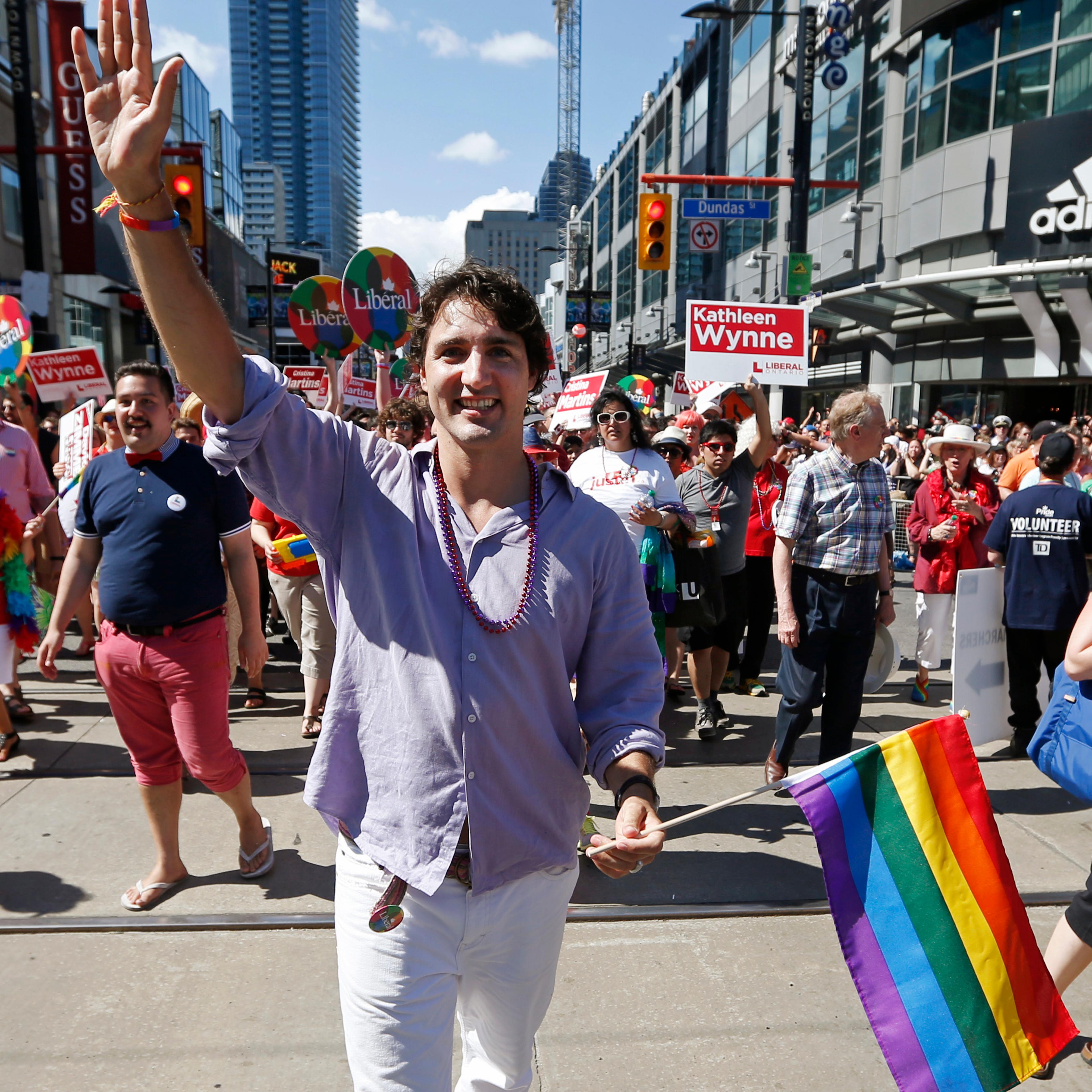Liberal Party of Canada leader Trudeau marches during the gay pride parade in Toronto