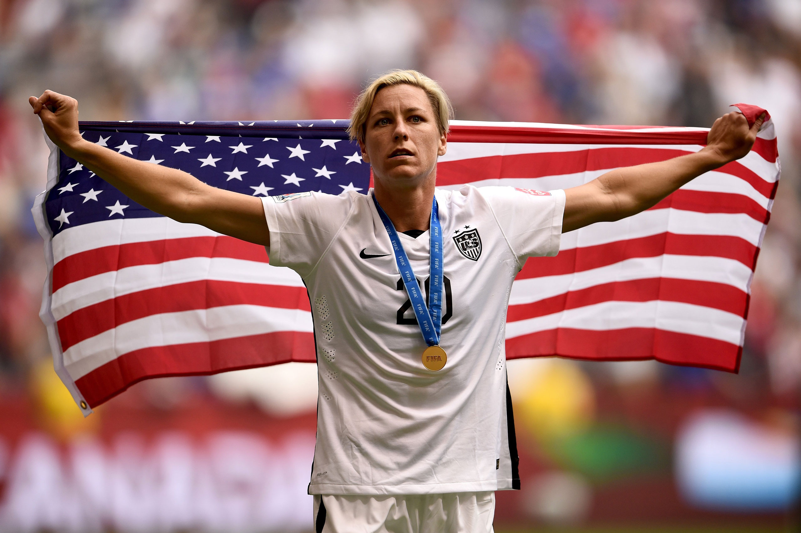 VANCOUVER, BC - JULY 05: Abby Wambach #20 of the United States celebrates the 5-2 victory against Japan in the FIFA Women's World Cup Canada 2015 Final at BC Place Stadium on July 5, 2015 in Vancouver, Canada. (Photo by Dennis Grombkowski/Getty Images)