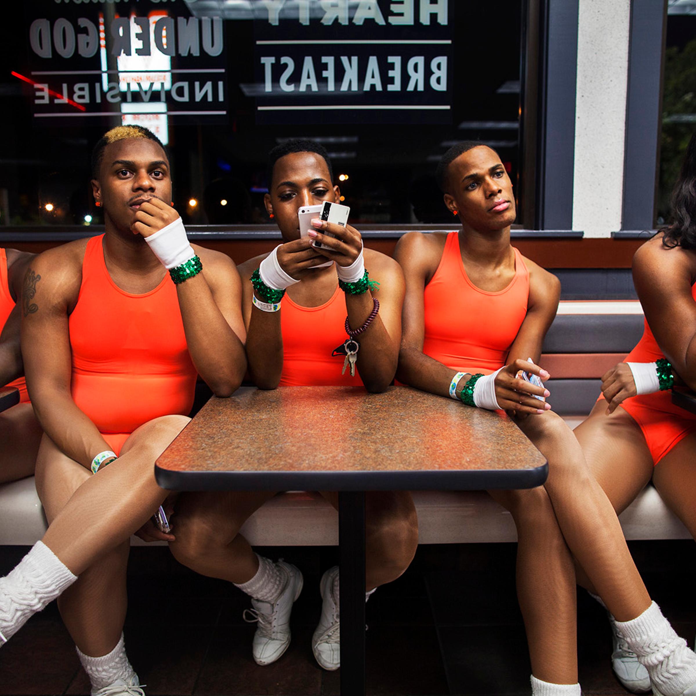 (L-R) KJ, Kentrell, Jerel, Adrian and Tim/Tamara sit in a fast food restaurant to regroup before driving back to Mobile after a night out at a gay club in Pensacola. The group frequents gay clubs in Mobile, and also travels to clubs in Pensecola. They ra