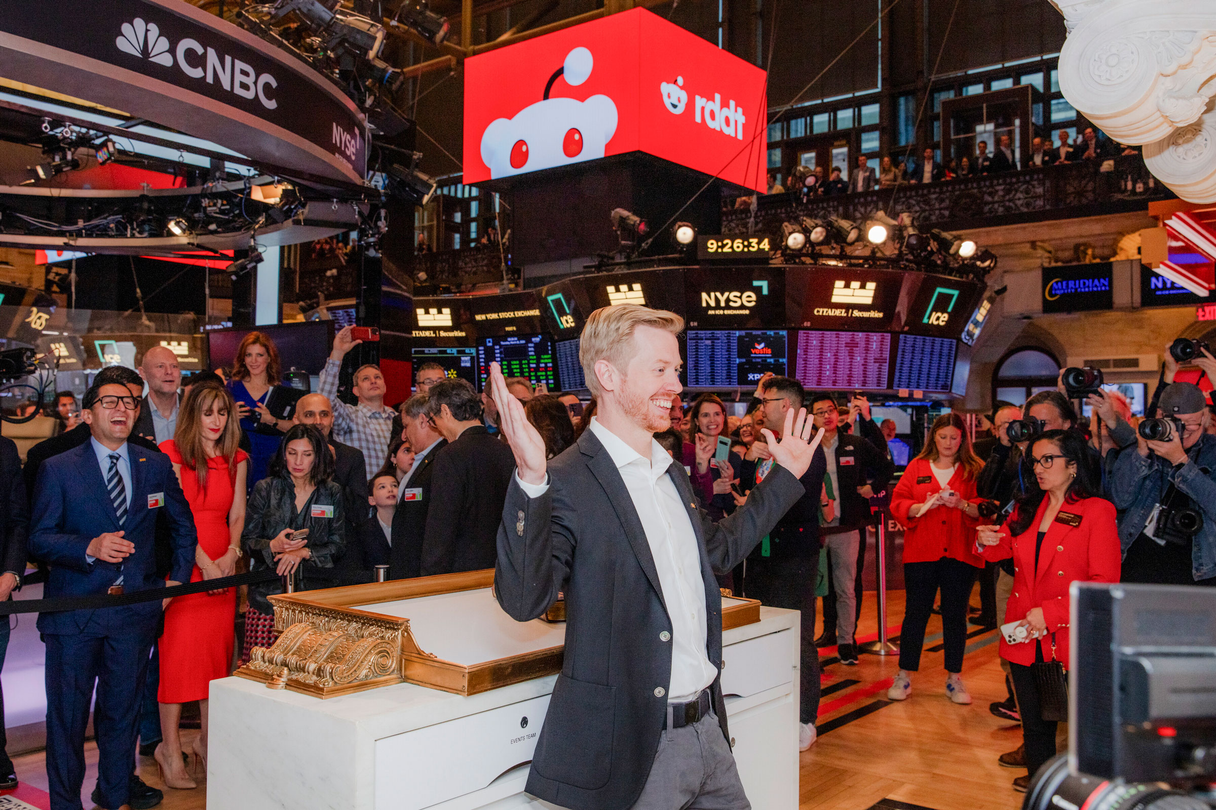 Steve Huffman, the chief executive of Reddit, prepares for an interview on the New York Stock Exchange trading floor on March 21, 2024.