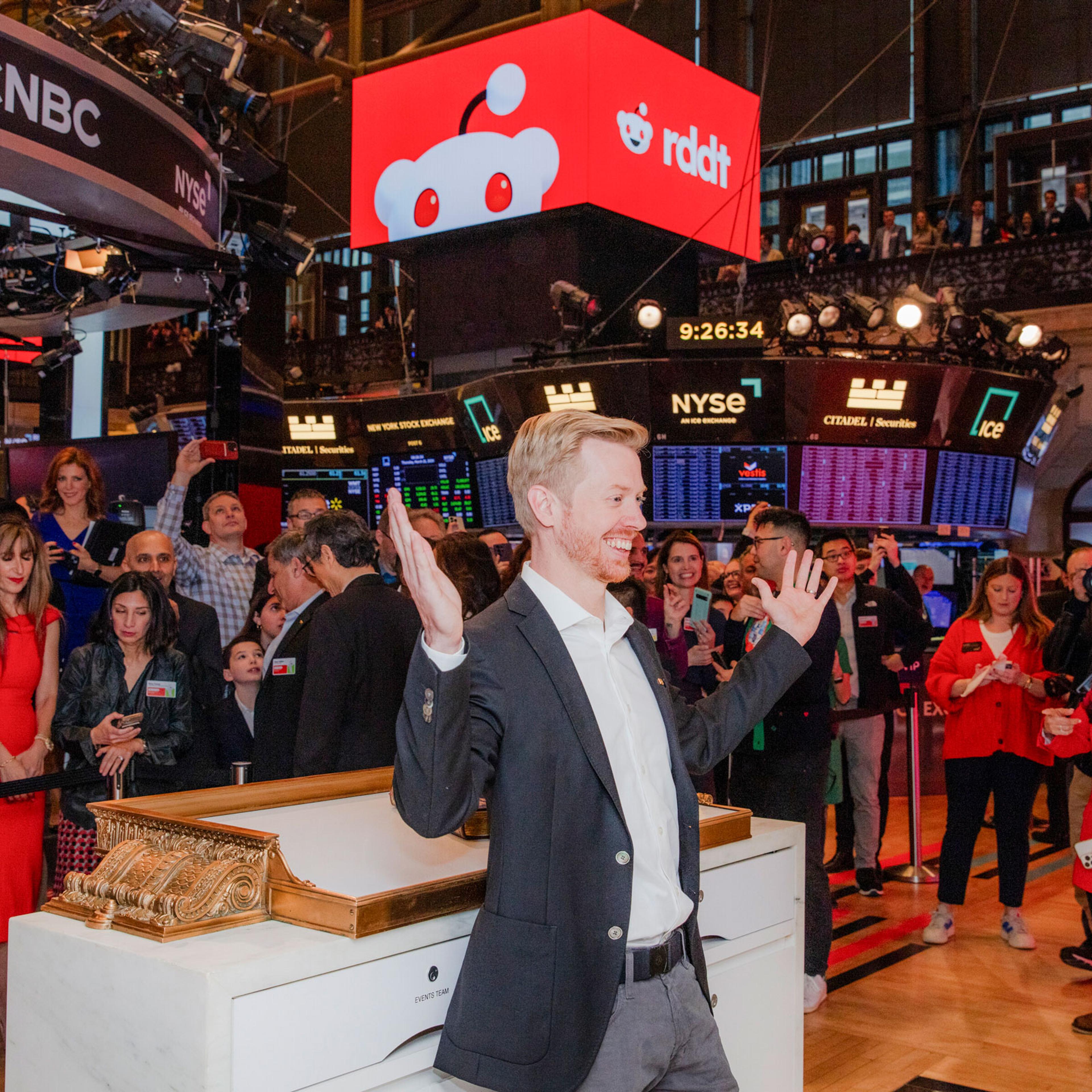 Steve Huffman, the chief executive of Reddit, prepares for an interview on the New York Stock Exchange trading floor on March 21, 2024.