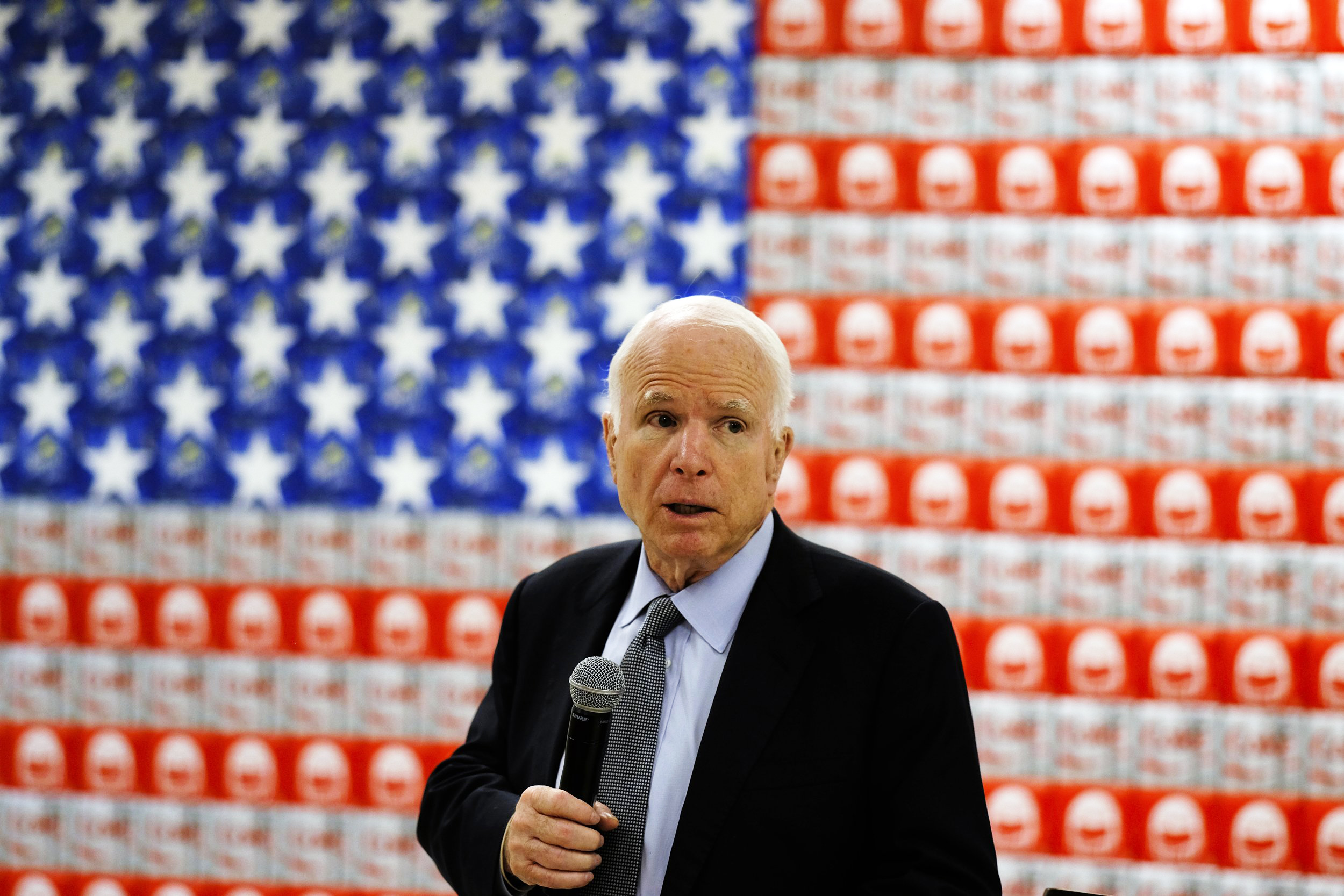 Sen John McCain campaigns for re election to the Senate at Coca Cola bottling plant in Tempe, Ariz. on Aug. 23, 2016.