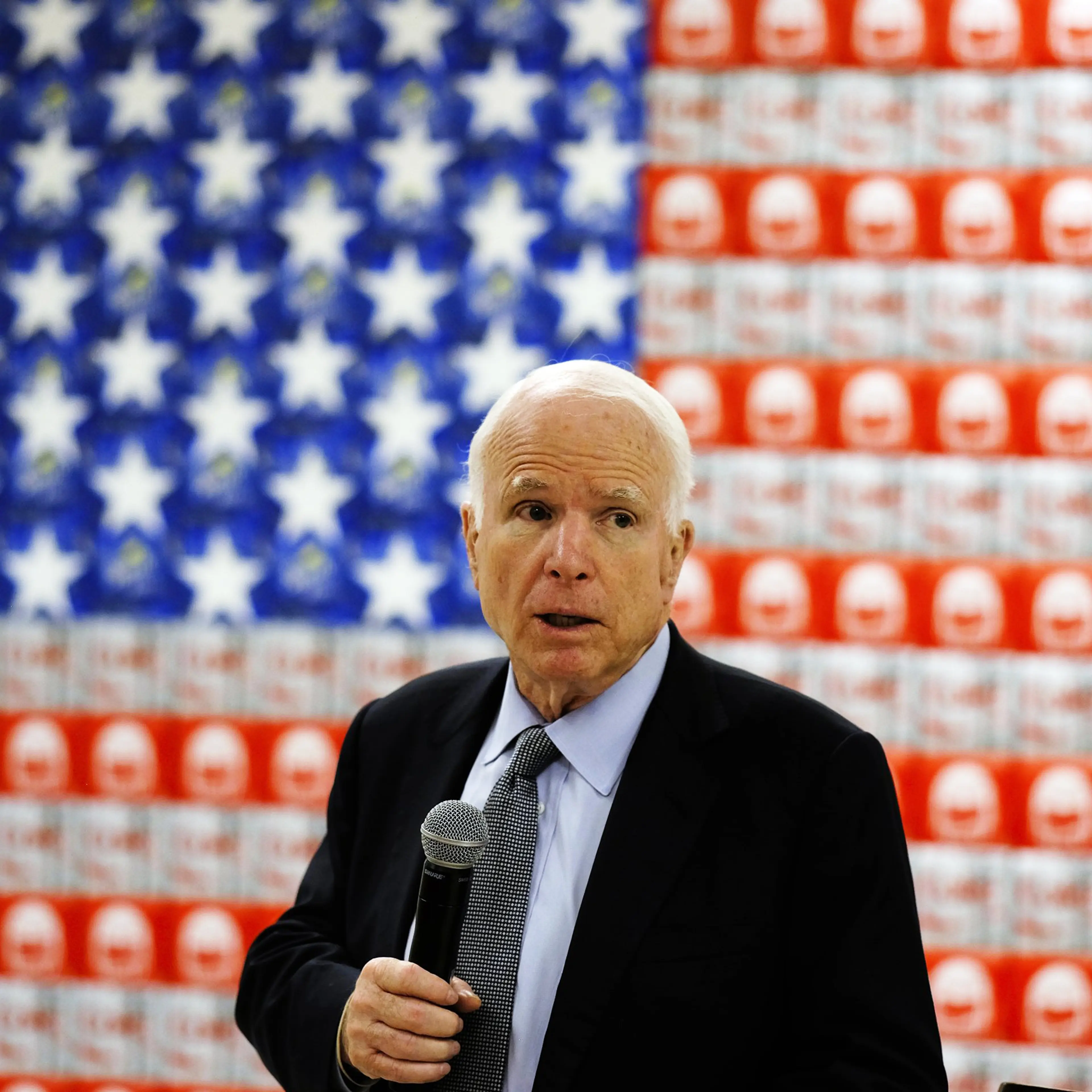 Sen John McCain campaigns for re election to the Senate at Coca Cola bottling plant in Tempe, Ariz. on Aug. 23, 2016.