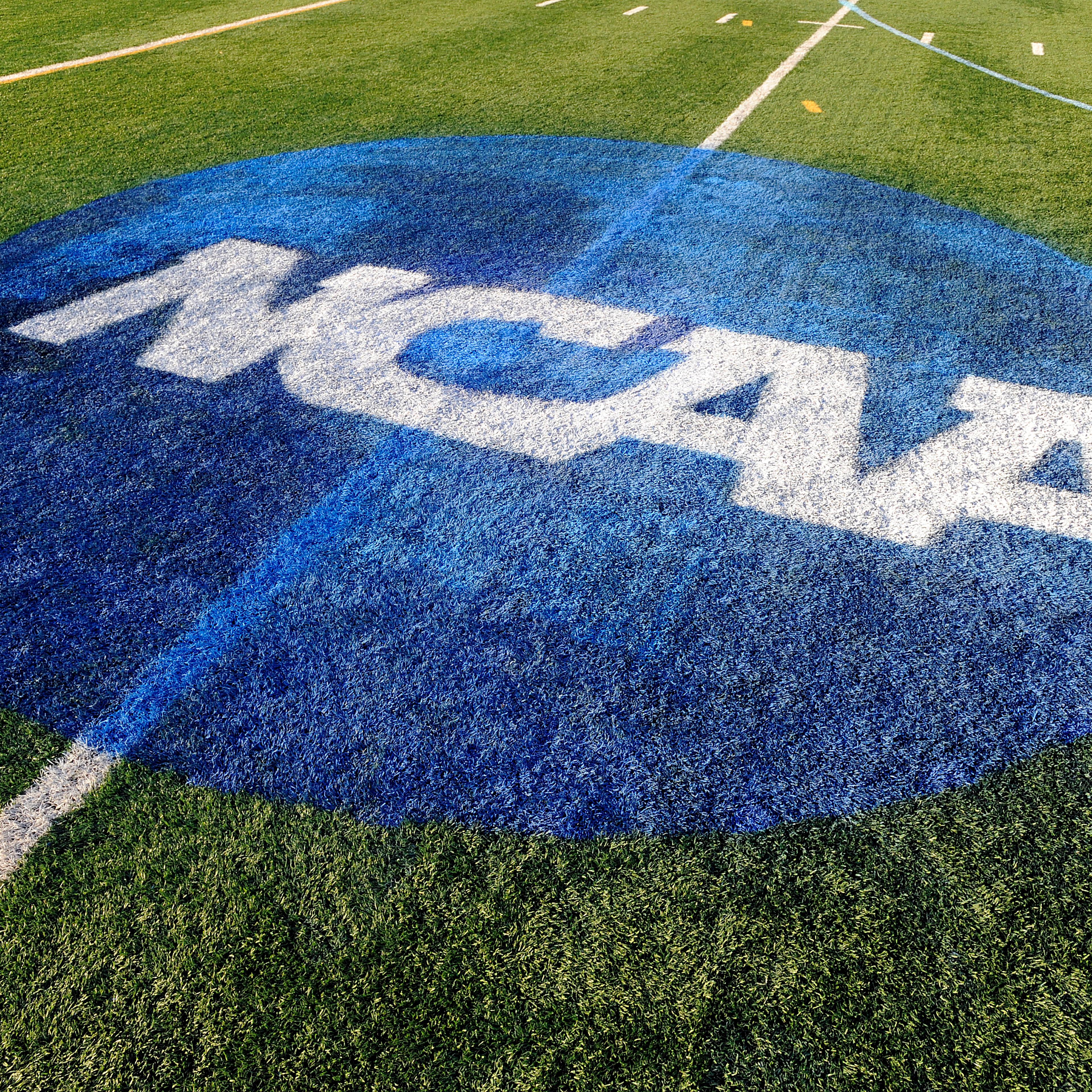 The NCAA logo is shown on the field where the Maryland Terrapins played against the North Carolina Tar Heels during the 2013 NCAA Division I Women's Lacrosse Championship at Villanova Stadium on May 26, 2013 in Villanova, Pennsylvania.