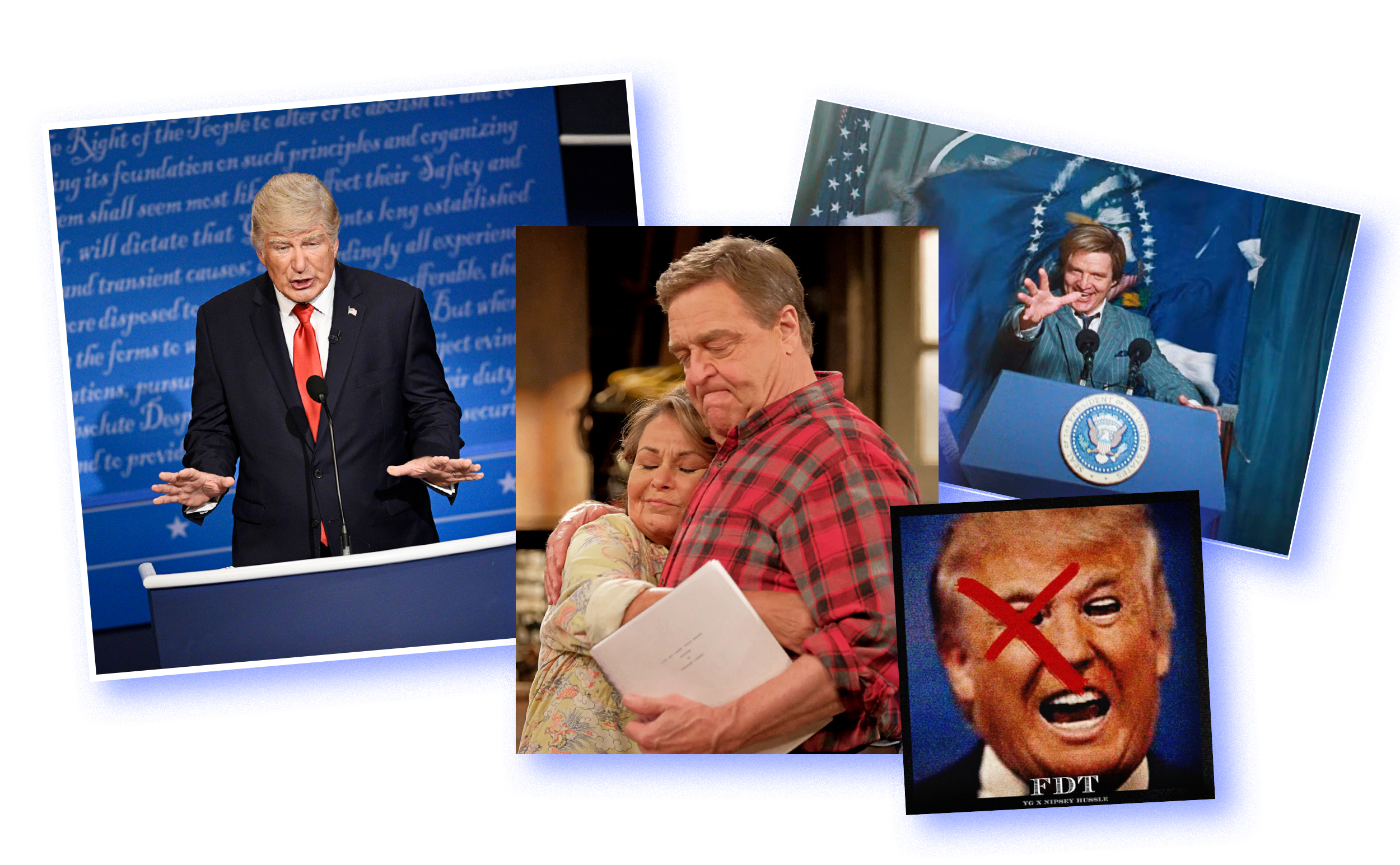 Alec Baldwin on 'Saturday Night Live'; Roseanne Barr and John Goodman on 'Roseanne'; Pedro Pascal in 'Wonder Woman 1984'; artwork for the song 'FDT' by YG and Nipsey Hussle
