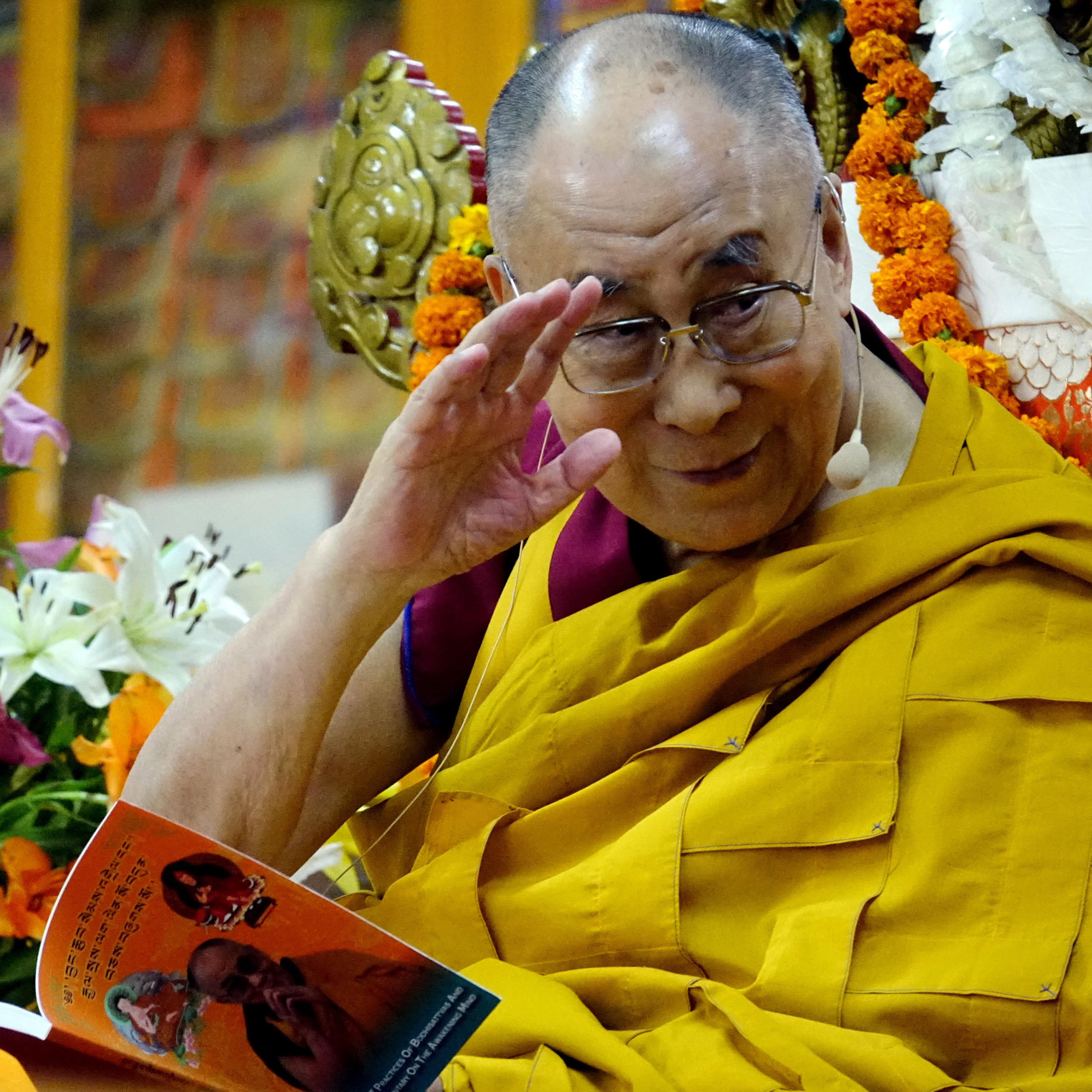 Tibetan Spiritual Leader The Dalai Lama Prays At The Tsuglakhang Temple
