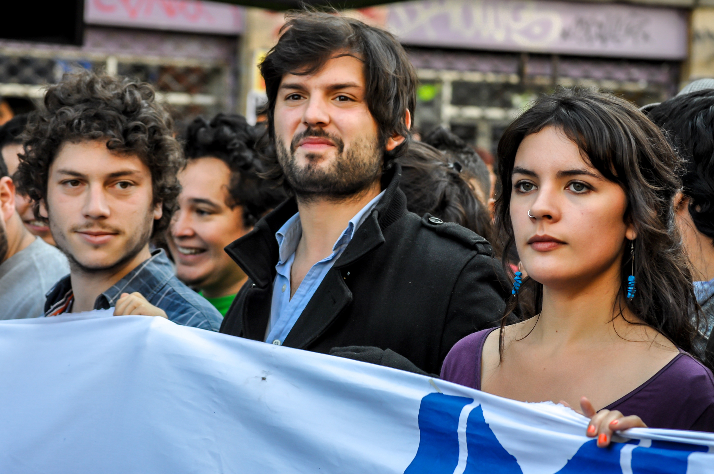 Boric in 2012 with student leaders, including future official spokesperson Camila Vallejo, right
