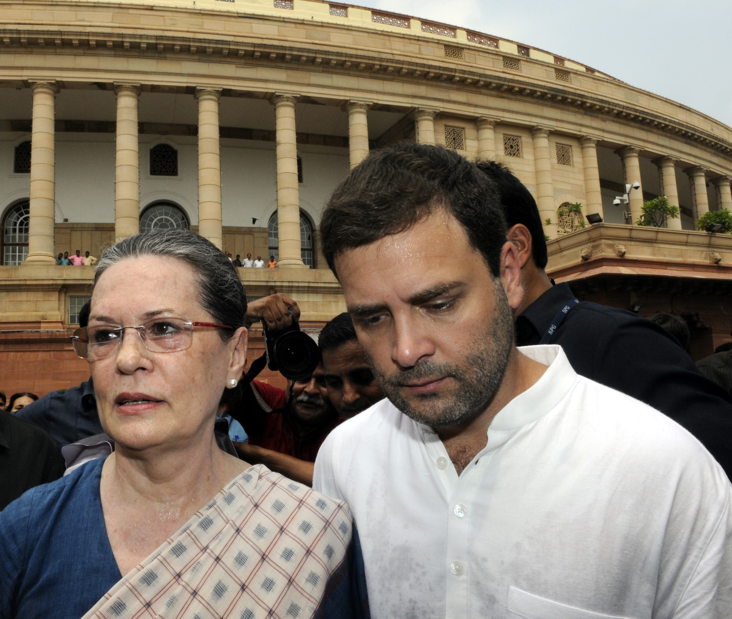 Congress Party president Sonia Gandhi and the party's vice president Rahul Gandhi after their protest against the suspension of their 25 members by the Lok Sabha Speaker at Parliament complex on Aug. 4, 2015, in New Delhi