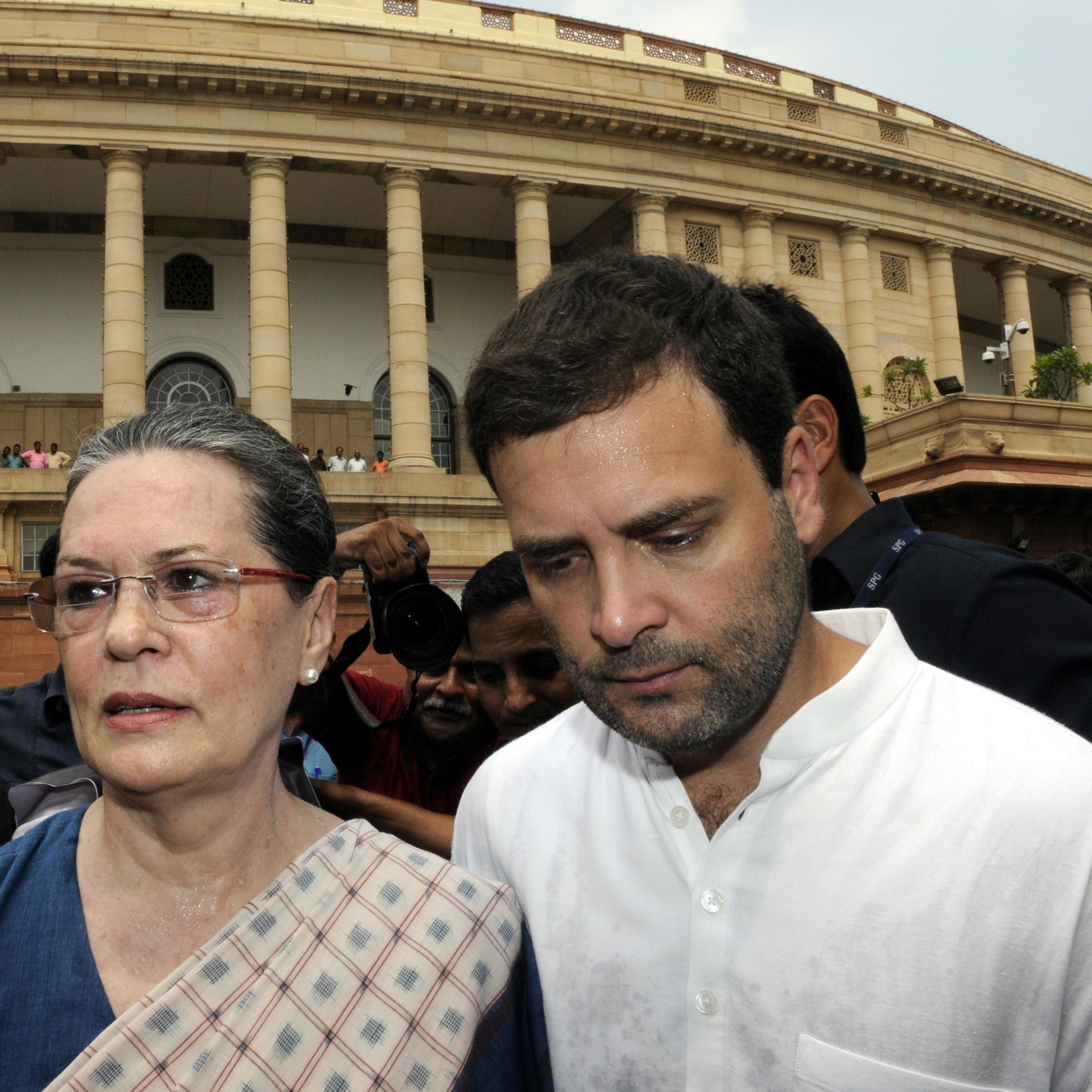 Congress Party president Sonia Gandhi and the party's vice president Rahul Gandhi after their protest against the suspension of their 25 members by the Lok Sabha Speaker at Parliament complex on Aug. 4, 2015, in New Delhi