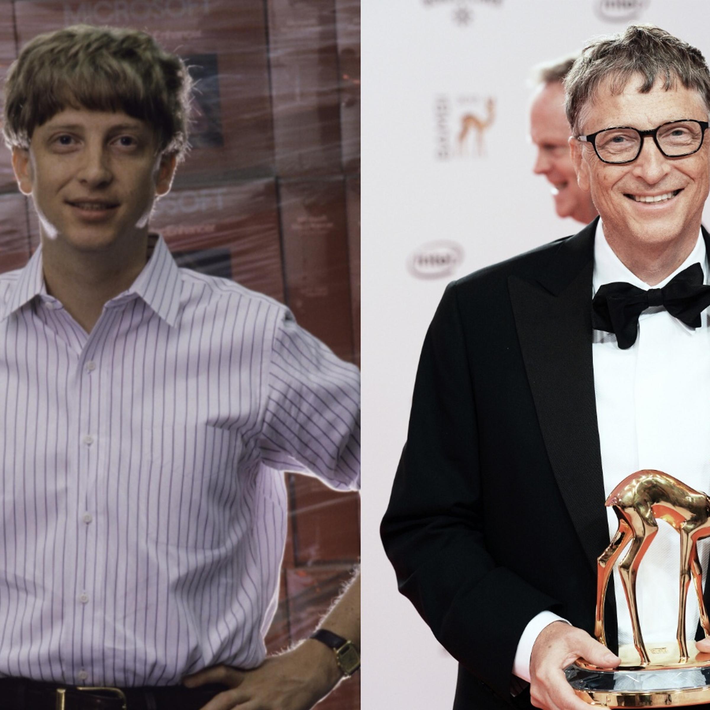 Bill Gates surrounded by copies of Windows in 1986 and in November, accepting the Bambi Award in Berlin.