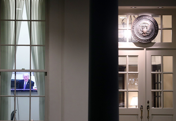 U.S. President Donald Trump is seen on a television news show in the West Wing of the White House, on May 15, 2017 in Washington, DC.