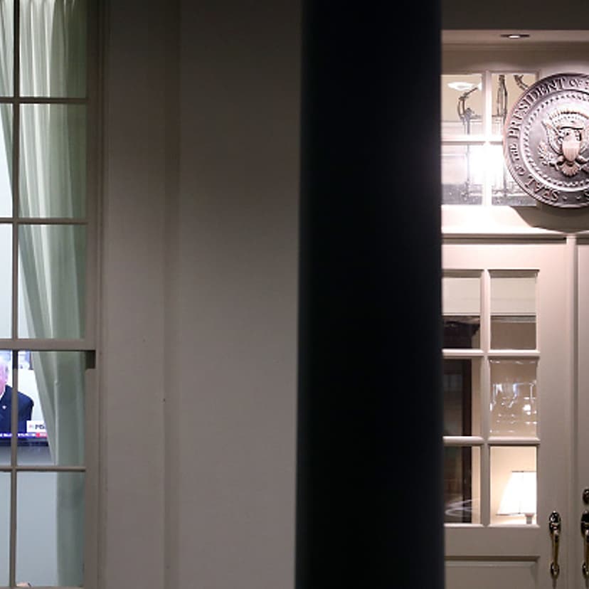 U.S. President Donald Trump is seen on a television news show in the West Wing of the White House, on May 15, 2017 in Washington, DC.