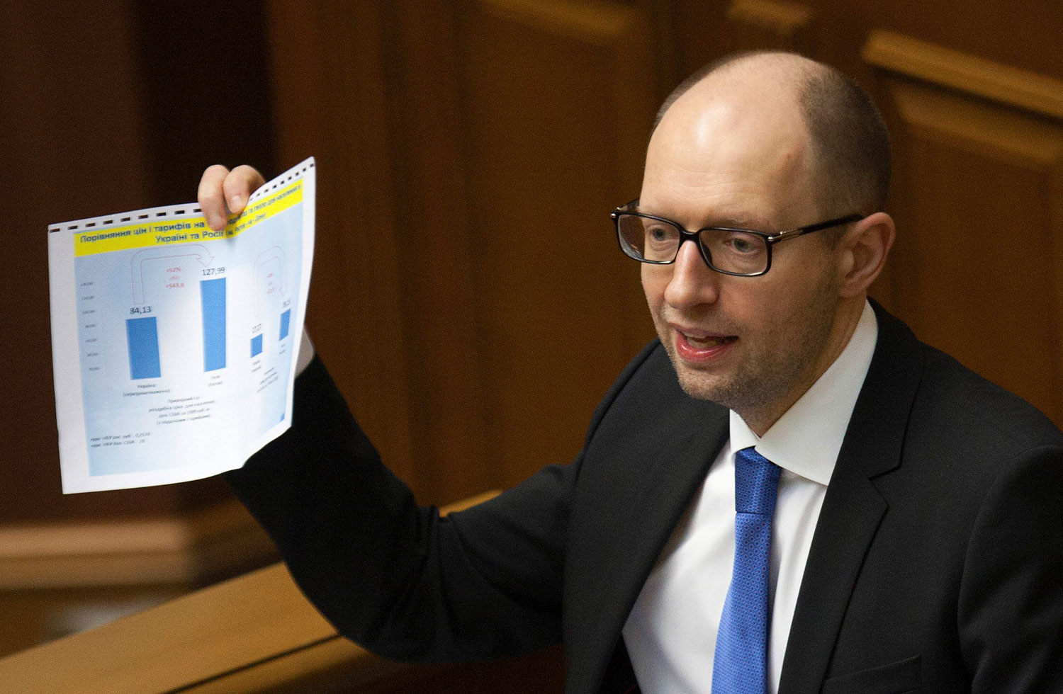 Ukrainian Prime Minister Arseny Yatseniuk addresses the parliament in Kiev, March 27, 2014.