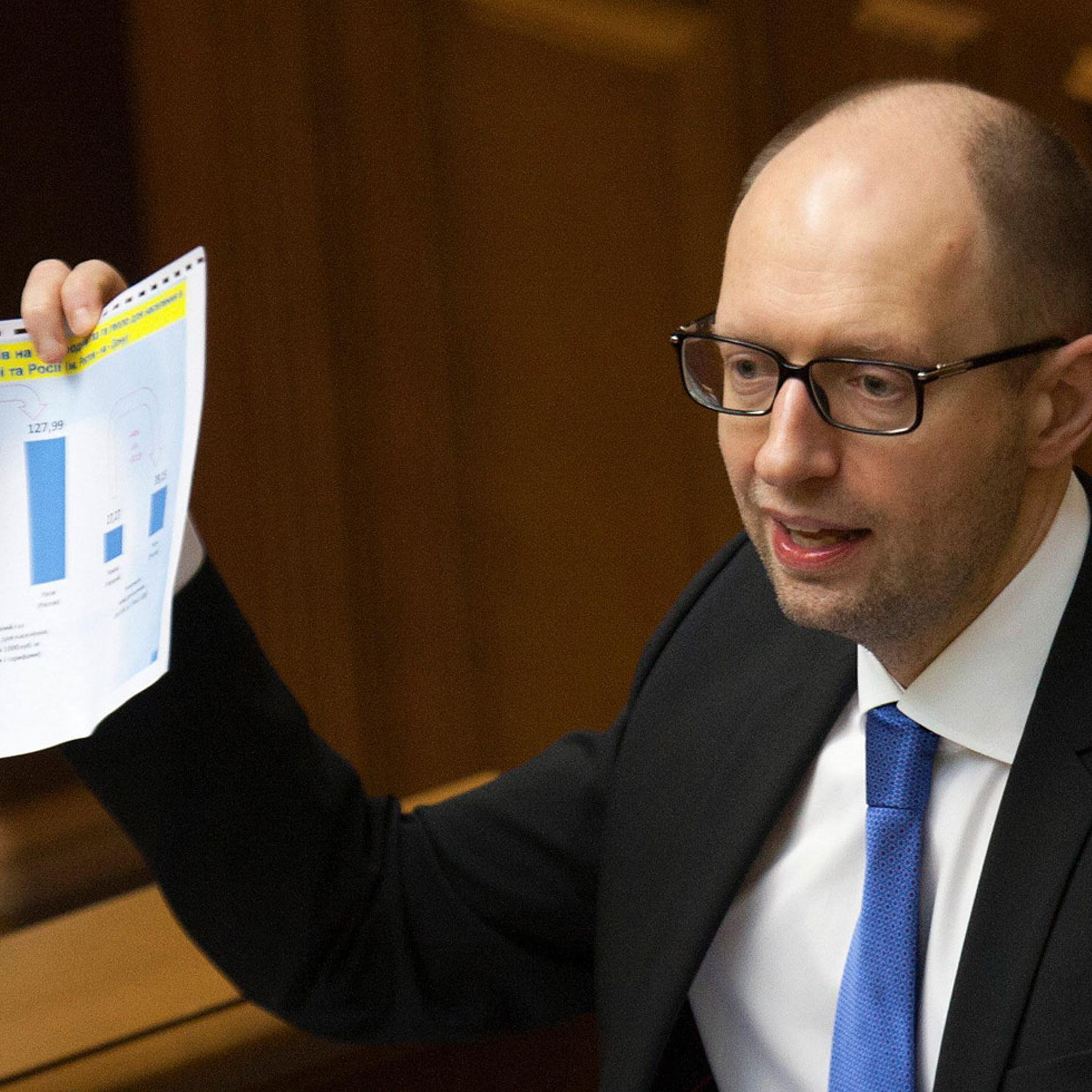 Ukrainian Prime Minister Arseny Yatseniuk addresses the parliament in Kiev, March 27, 2014.
