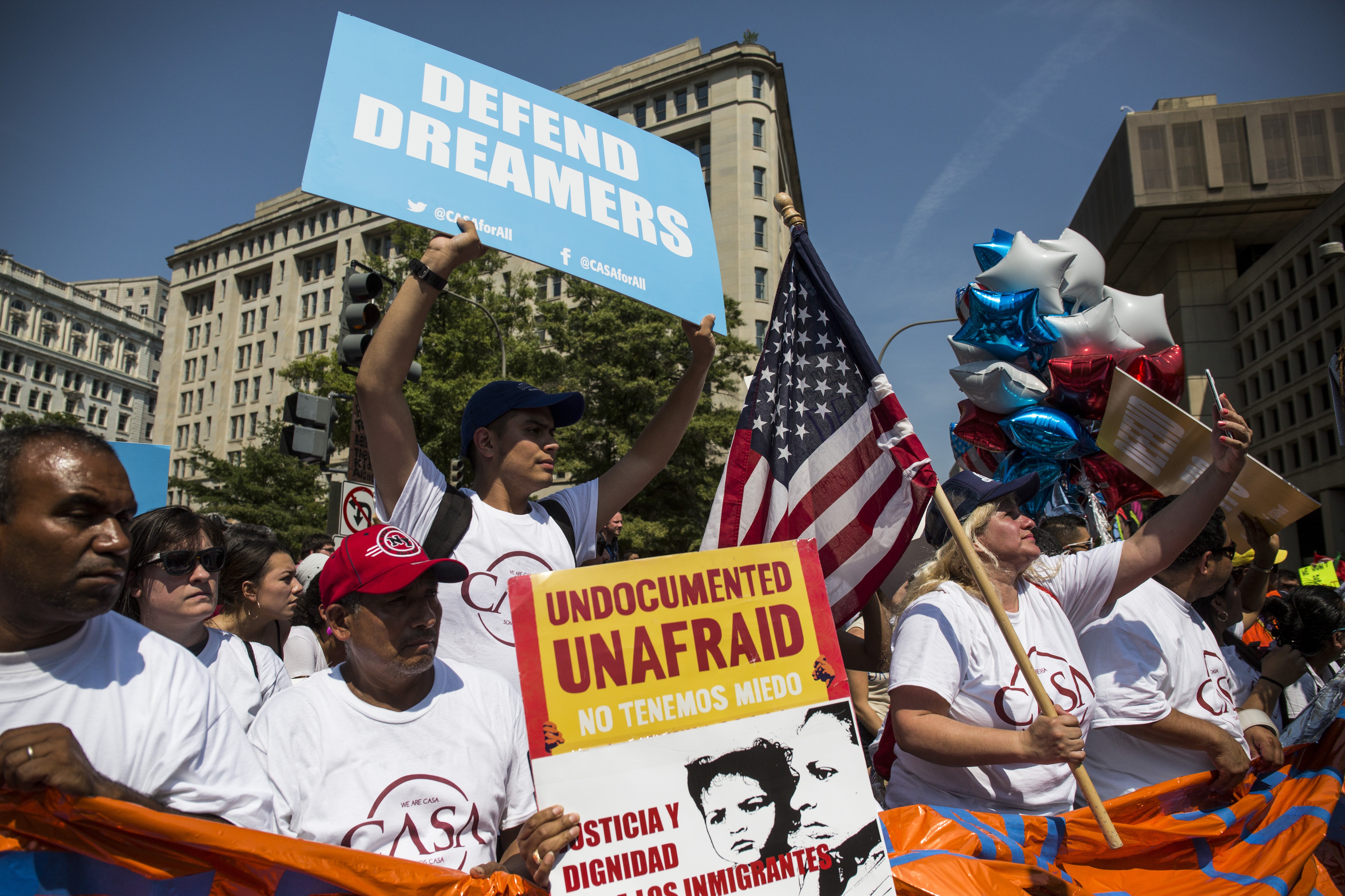Demonstrators gather on Pennsylvania Avenue during a demonstration in response to the Trump Administration's announcement that it would end the Deferred Action for Childhood Arrivals (DACA) program on Sept. 5, 2017 in Washington, DC.