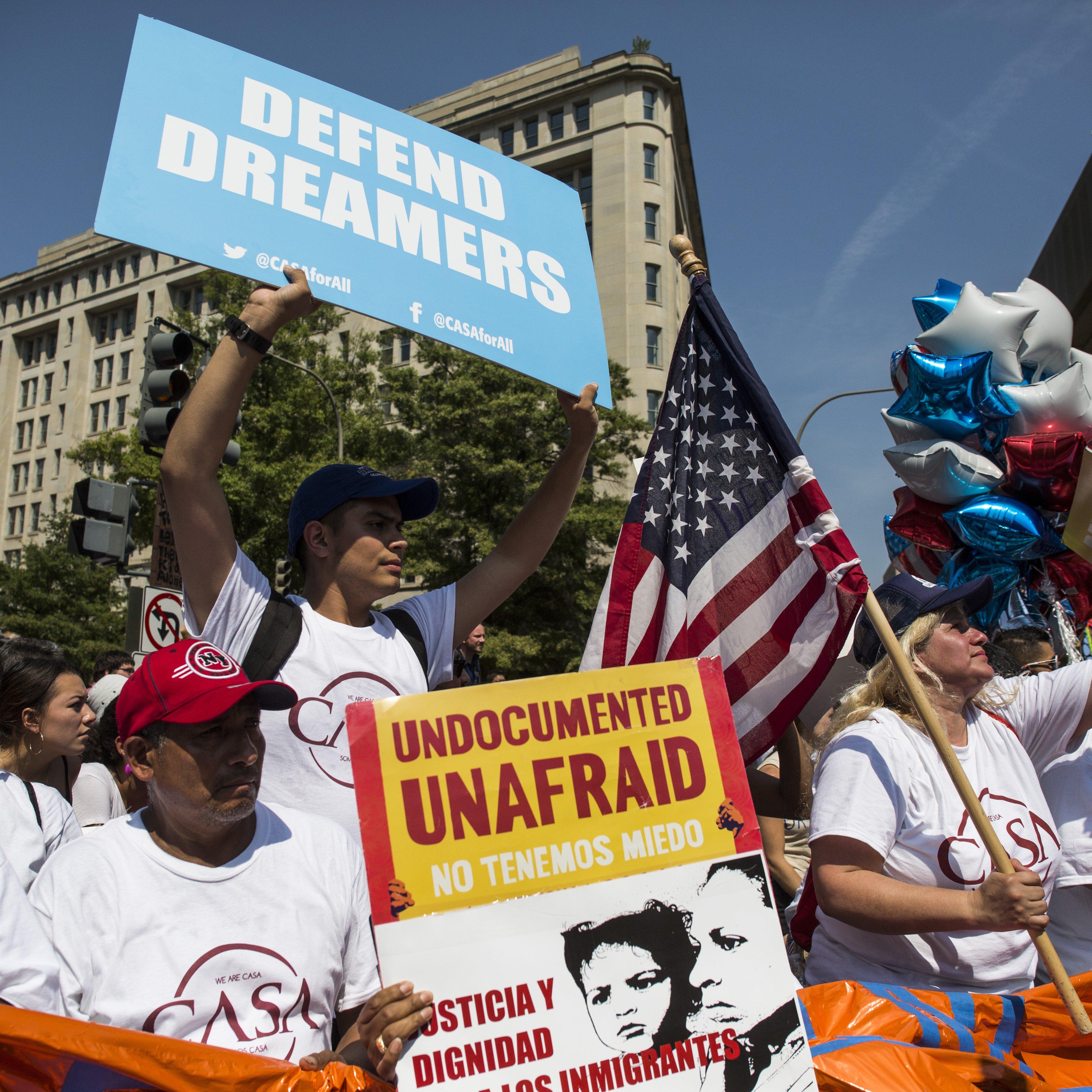 Demonstrators gather on Pennsylvania Avenue during a demonstration in response to the Trump Administration's announcement that it would end the Deferred Action for Childhood Arrivals (DACA) program on Sept. 5, 2017 in Washington, DC.