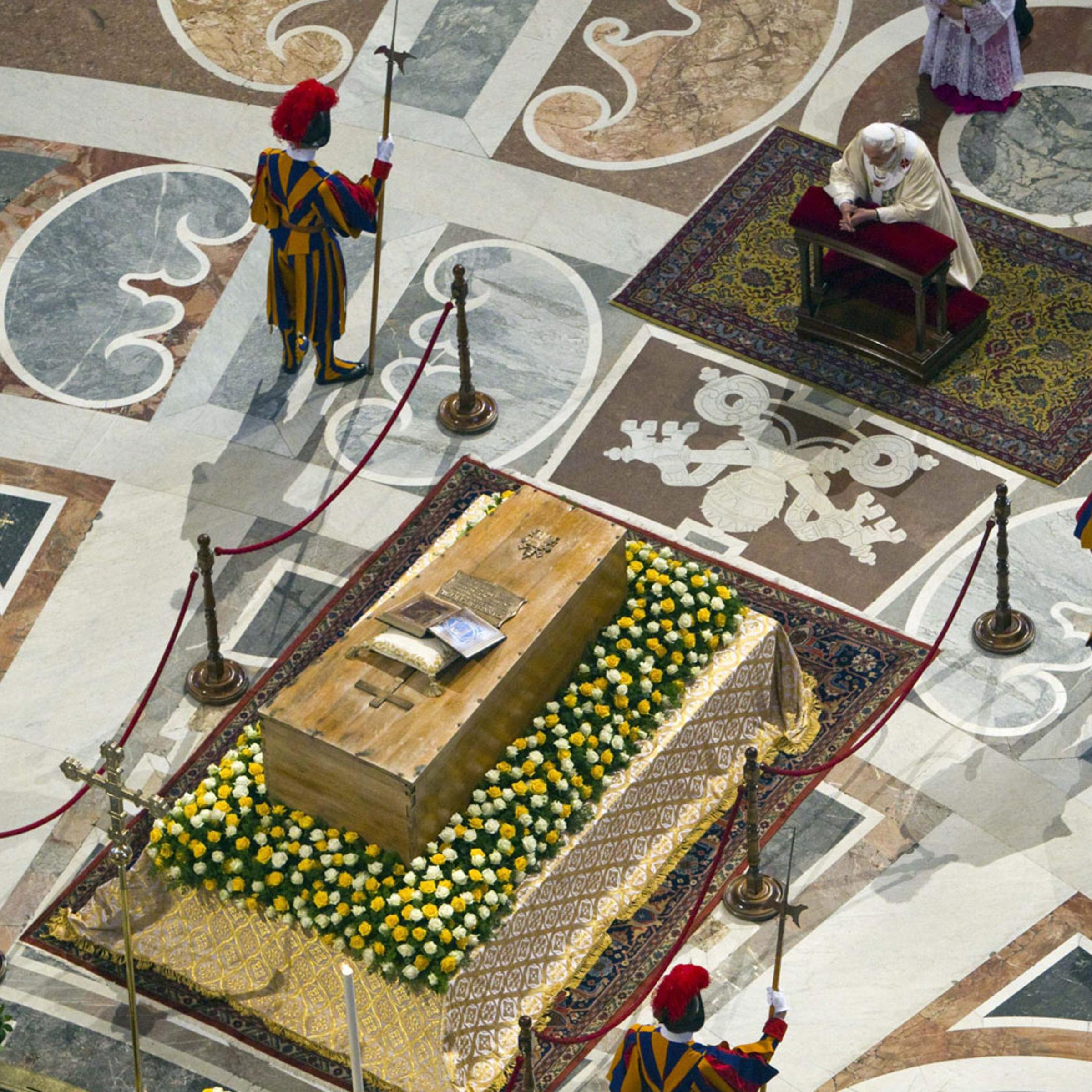 May 01, 2011. The remains of Pope John Paul II were exhumed for his beatification, the most important step toward sainthood. A million people showed up in St. Peter’s Square for the rites. But the most passionate pilgrim was his successor, Benedict XVI, kneeling before John Paul’s coffin, heir to and prisoner of the charismatic Pontiff’s historic and controversial legacies. —Stephan Faris