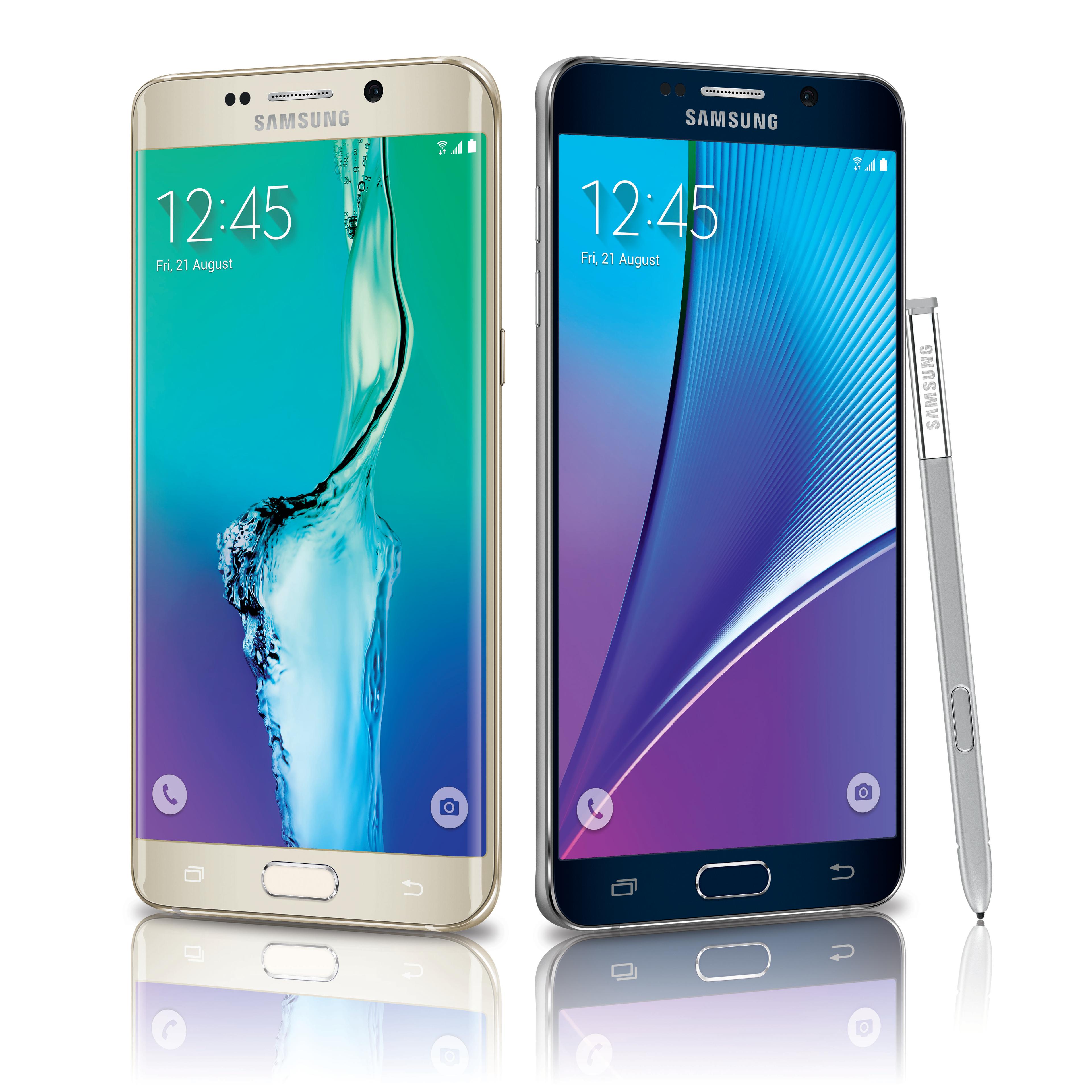 The Samsung Galaxy S6 edge+ (left), and the Note5 (right).