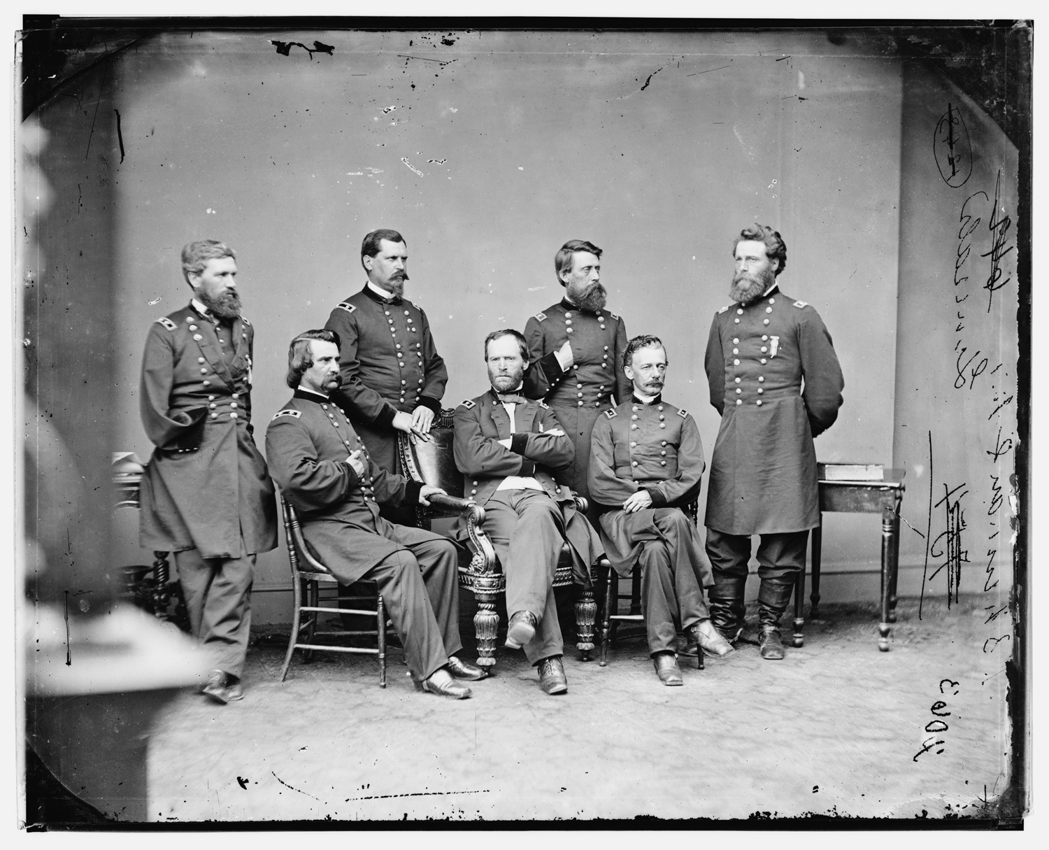 The Original Image<br>
By comparing the previous doctored image, it becomes clear that Brady added Blair (visibly absent in this original). One of Sherman's corps commanders in the critical final offensive in Georgia, Blair led the XVII Corps, which protected the rear of Sherman's army during the Atlanta campaign. Like the other men in the photo, he played an important role in the March to the Sea, helping deliver one of the final blows to the Confederate cause.