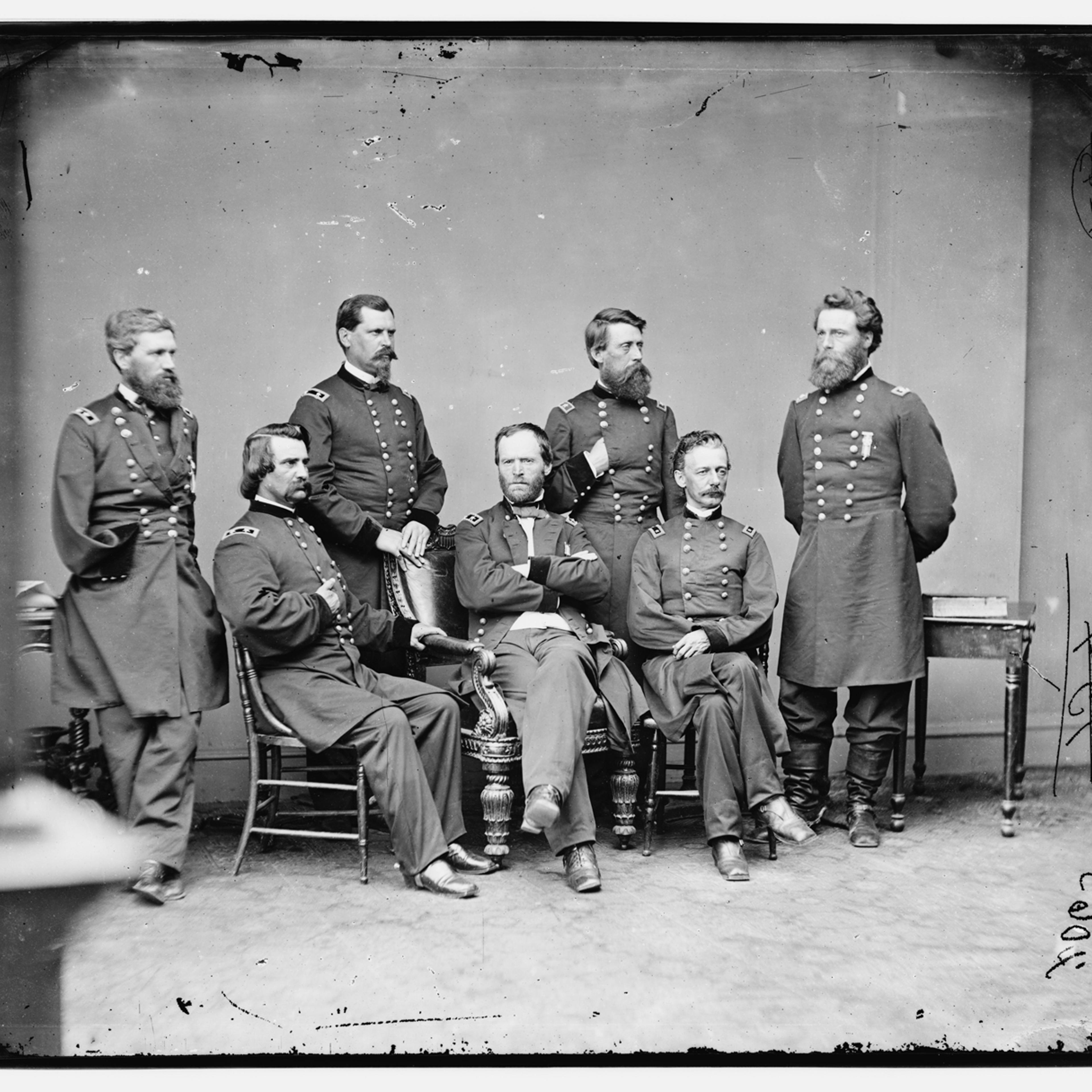 The Original Image<br>
By comparing the previous doctored image, it becomes clear that Brady added Blair (visibly absent in this original). One of Sherman's corps commanders in the critical final offensive in Georgia, Blair led the XVII Corps, which protected the rear of Sherman's army during the Atlanta campaign. Like the other men in the photo, he played an important role in the March to the Sea, helping deliver one of the final blows to the Confederate cause.