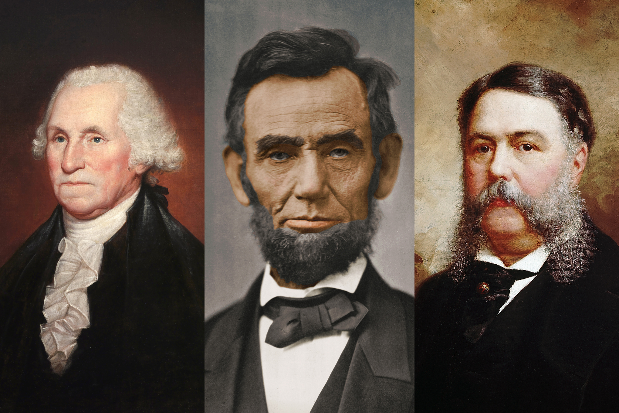 (L-R) Former U.S. Presidents George Washington, Abraham Lincoln, and Chester Arthur