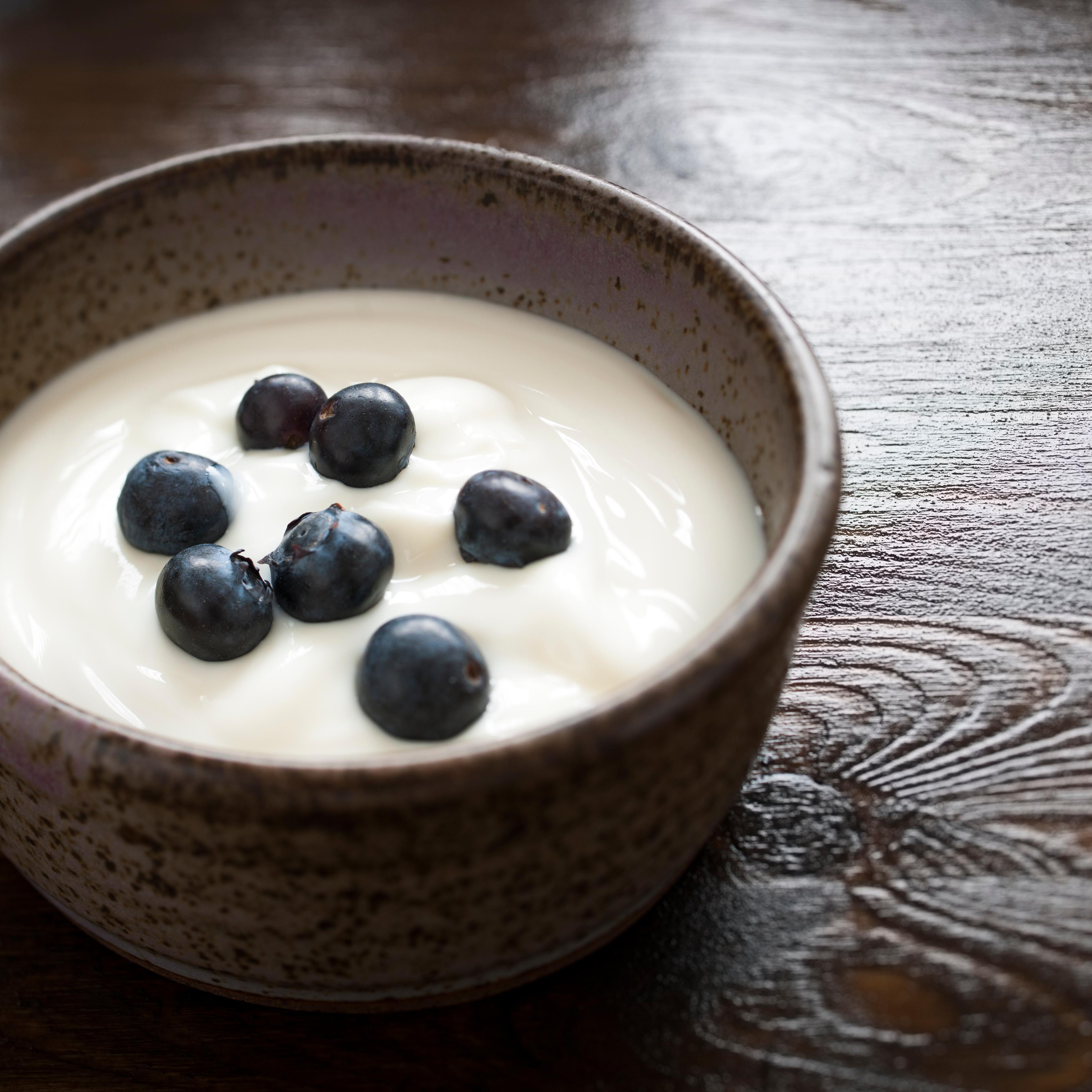 A rustic bowl of natural yogurt with blueberries