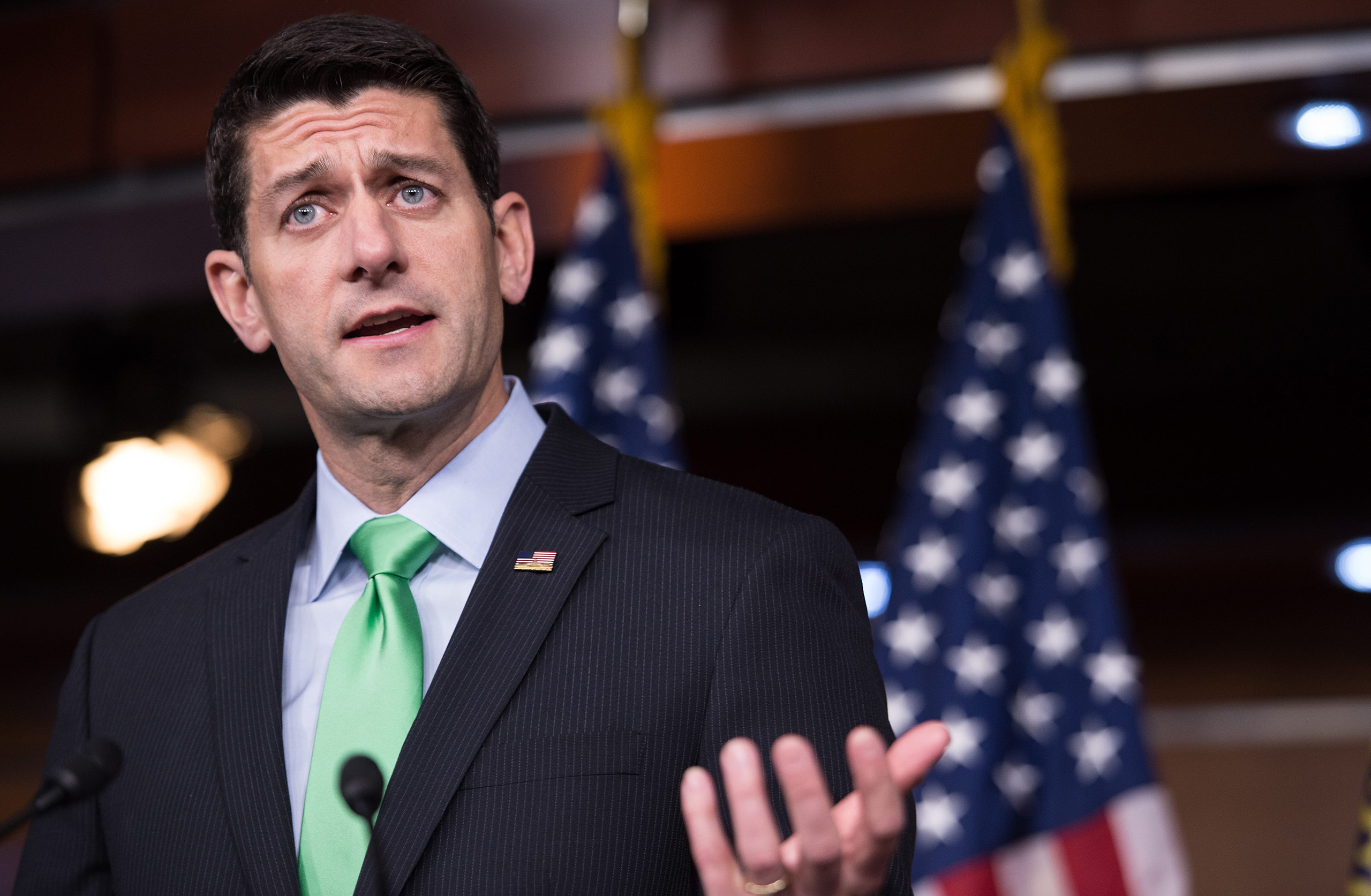 Paul Ryan speaks during his weekly briefing at the Capitol in Washington, DC, on April 28, 2016.