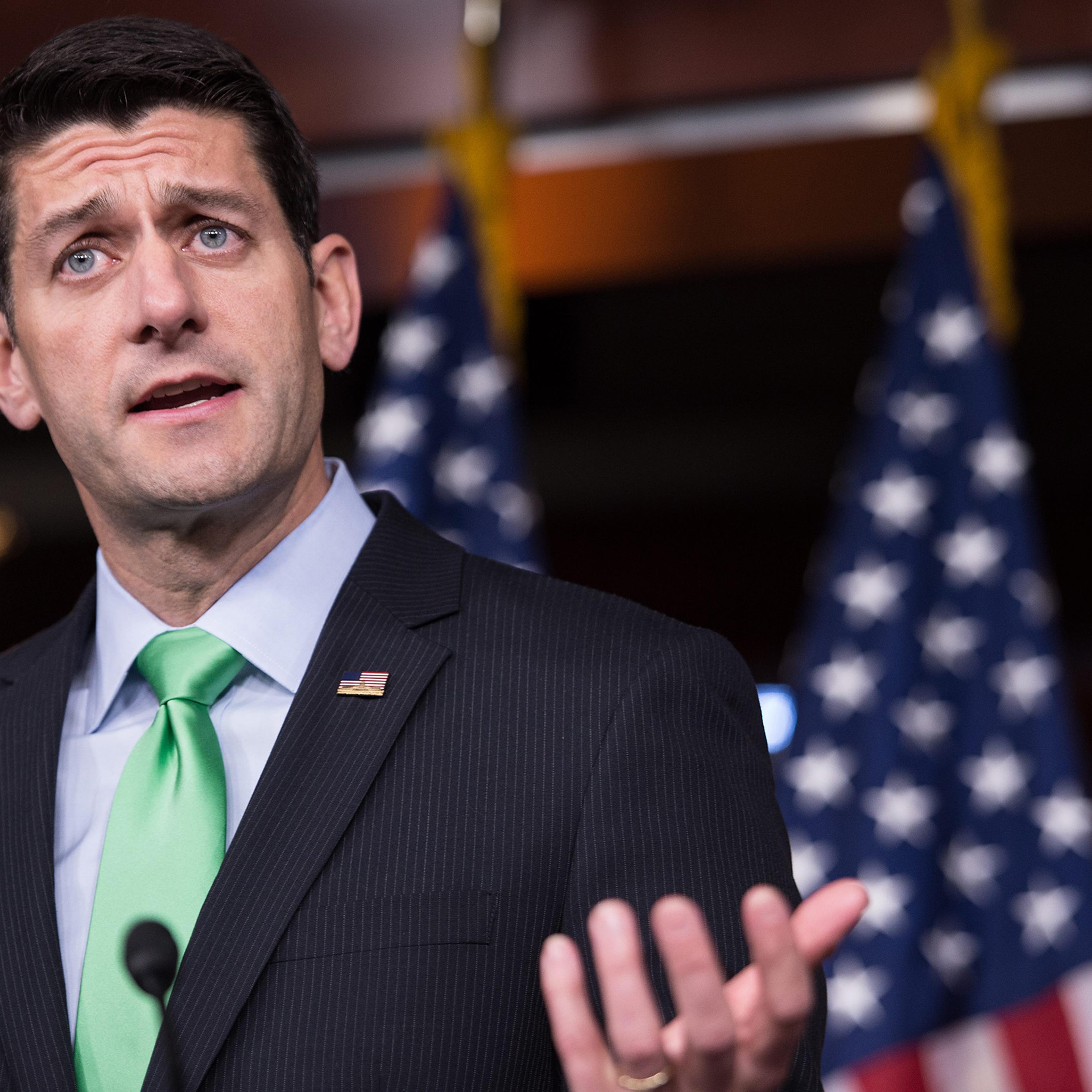 Paul Ryan speaks during his weekly briefing at the Capitol in Washington, DC, on April 28, 2016.