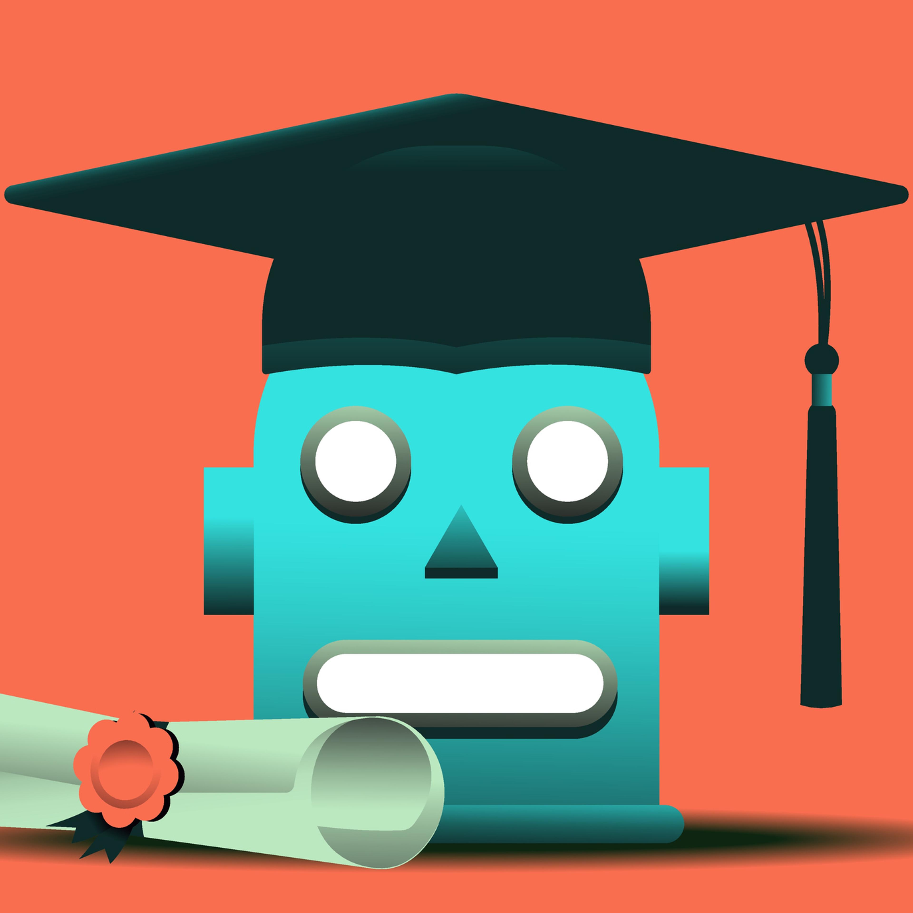 Robot's head in graduation cap