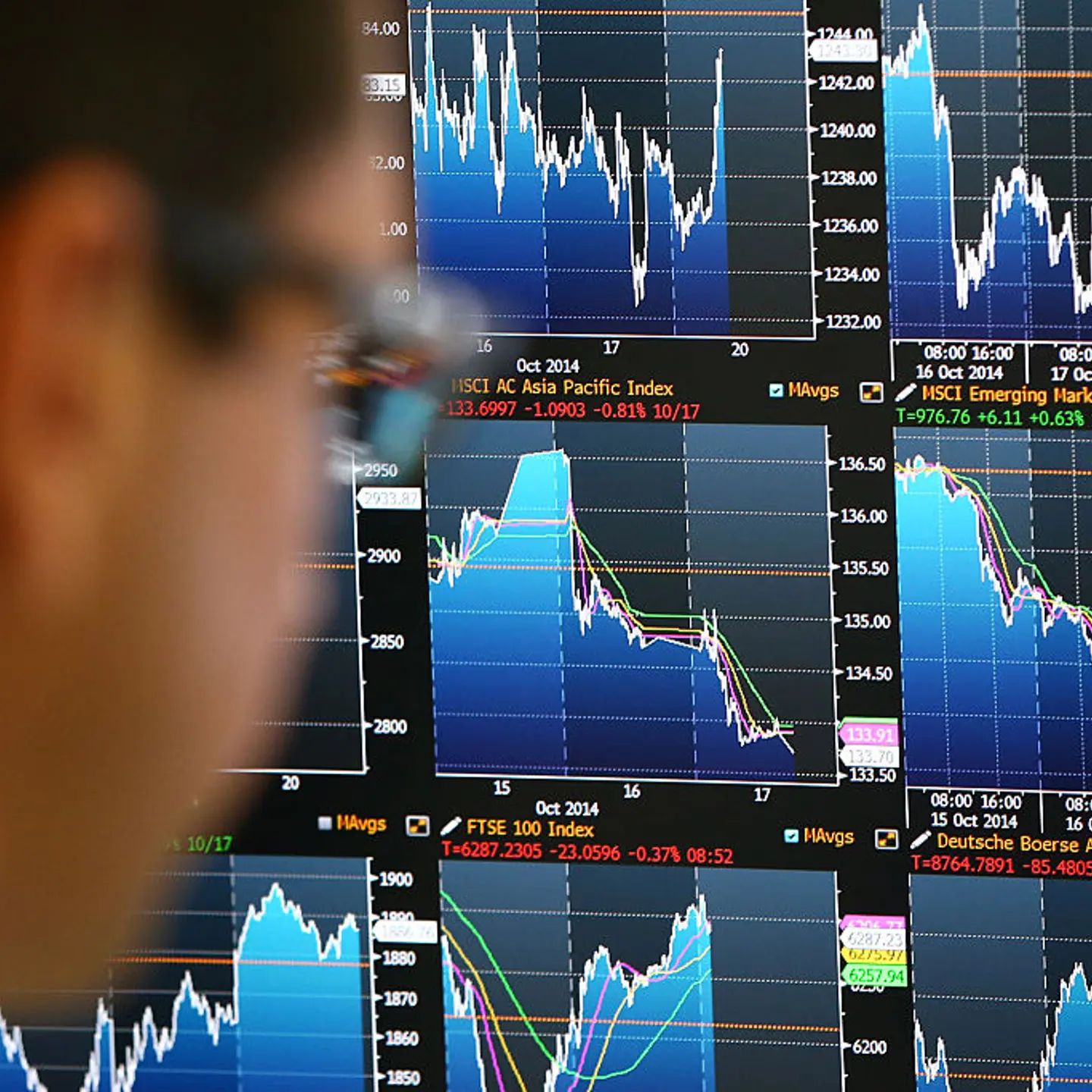 An employee views trading screens at the offices of Panmure Gordon and Co in London on Oct. 20, 2014.