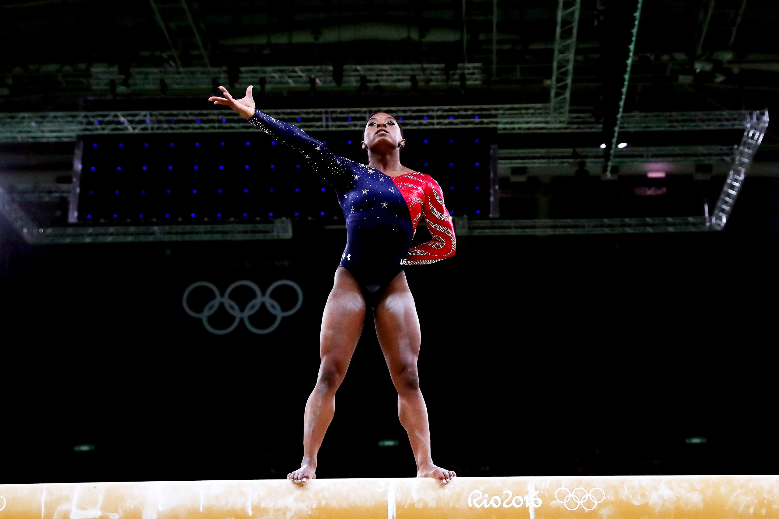 Simone Biles of the United States competes on the balance beam during Women's qualification for Artistic Gymnastics on Day 2 of the Rio 2016 Olympic Games at the Rio Olympic Arena on Aug. 7, 2016.