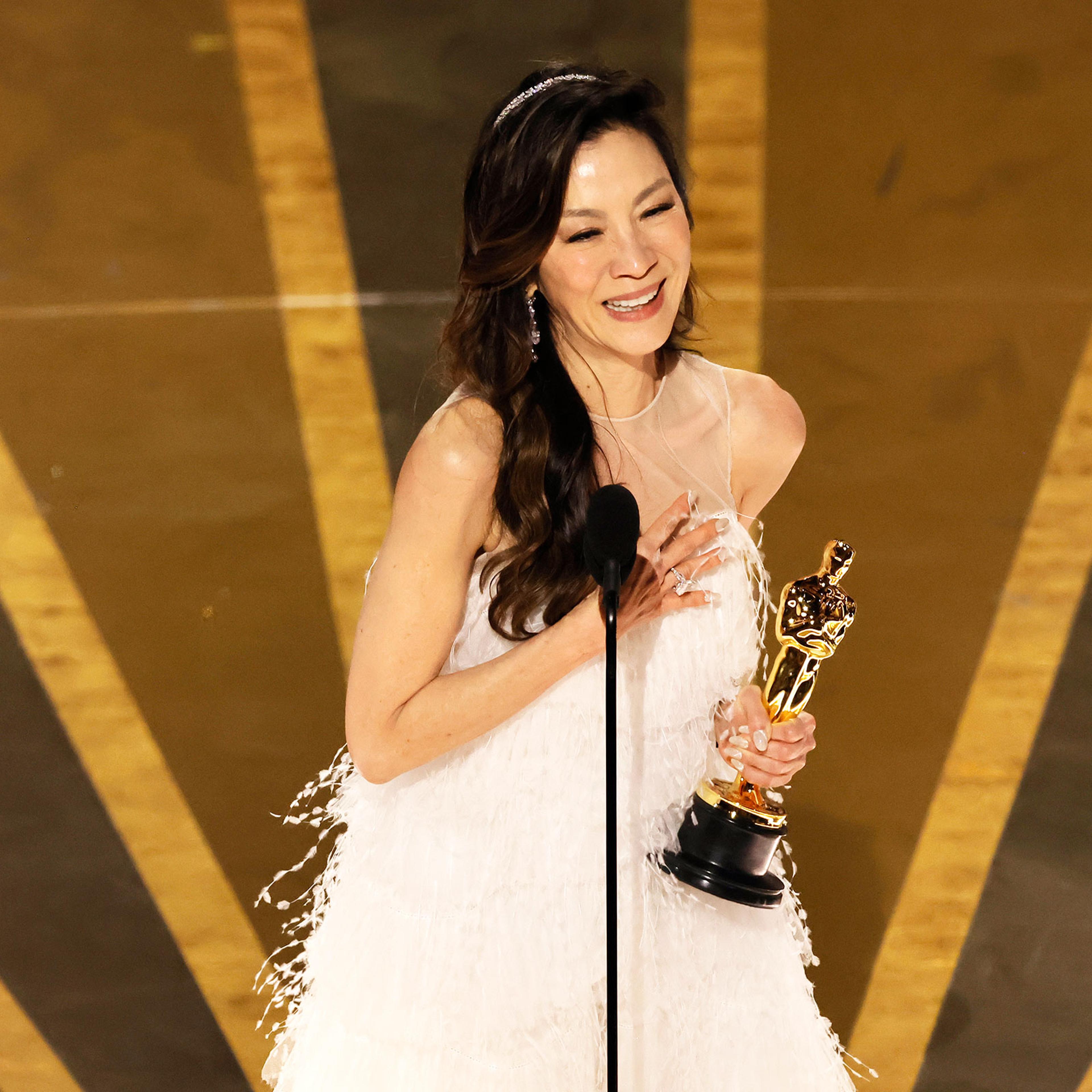 Michelle Yeoh accepts the Best Actress award for "Everything Everywhere All at Once" onstage during the 95th Annual Academy Awards on March 12, 2023.