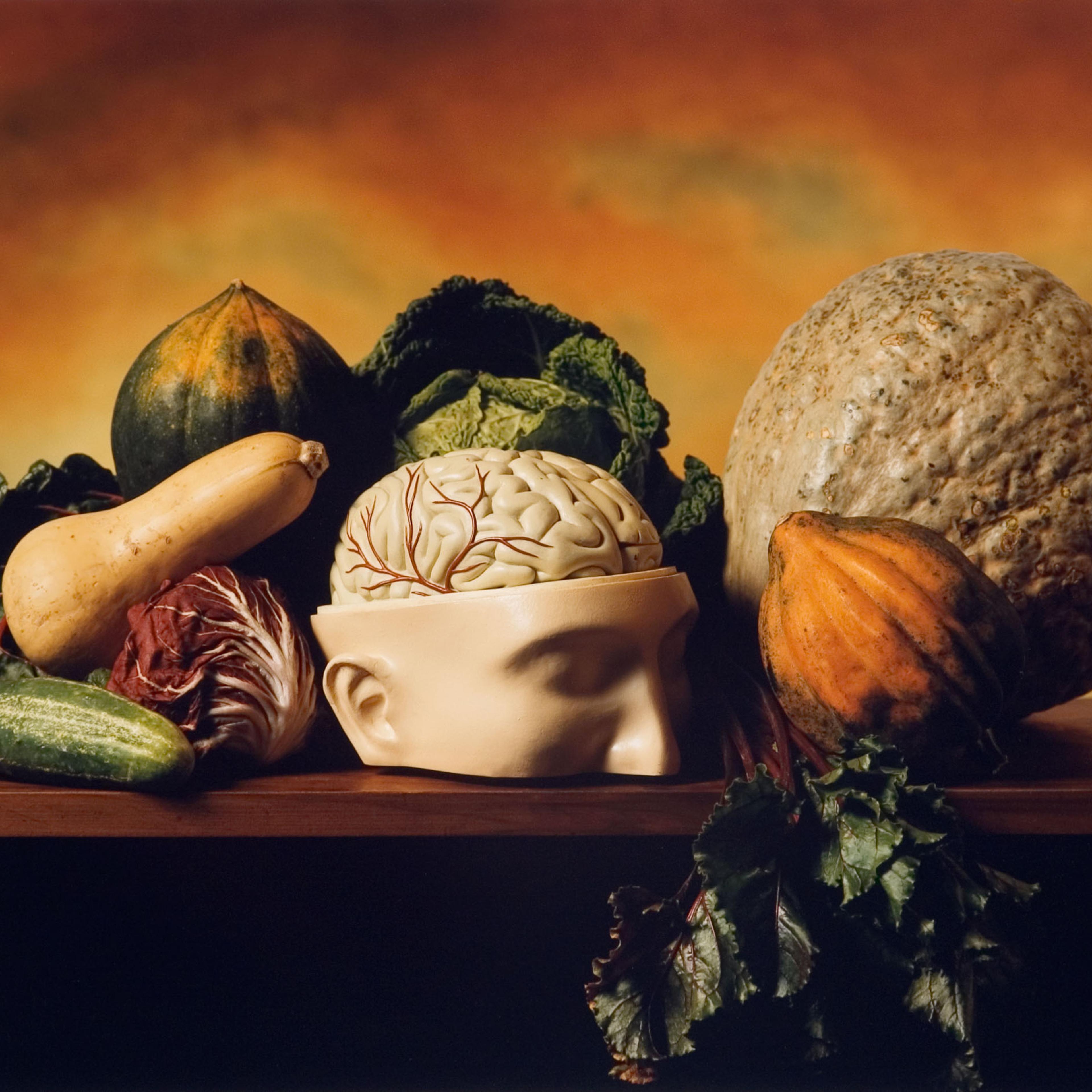 Plastic brain on a table surrounded by food