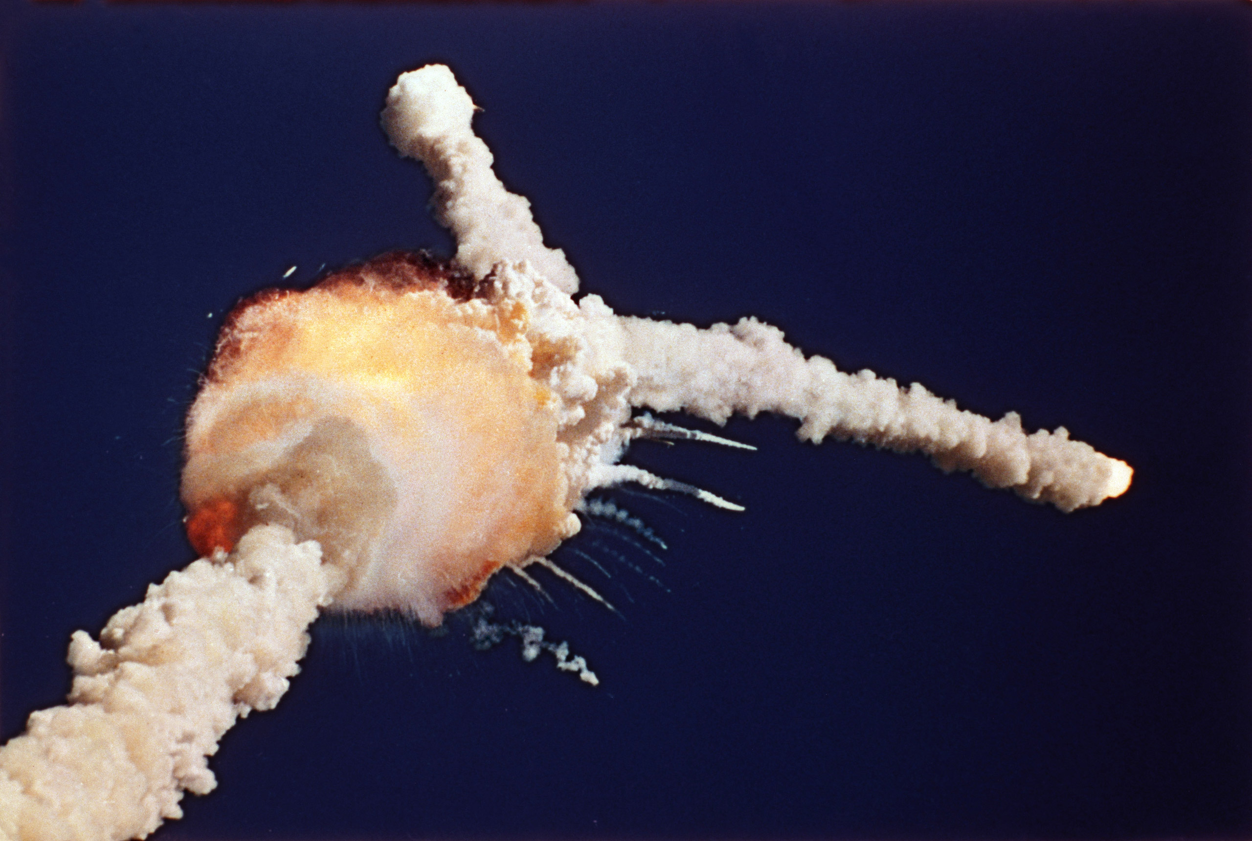 The Space Shuttle Challenger explodes shortly after lifting off from Kennedy Space Center, Fla., on Jan. 28, 1986.