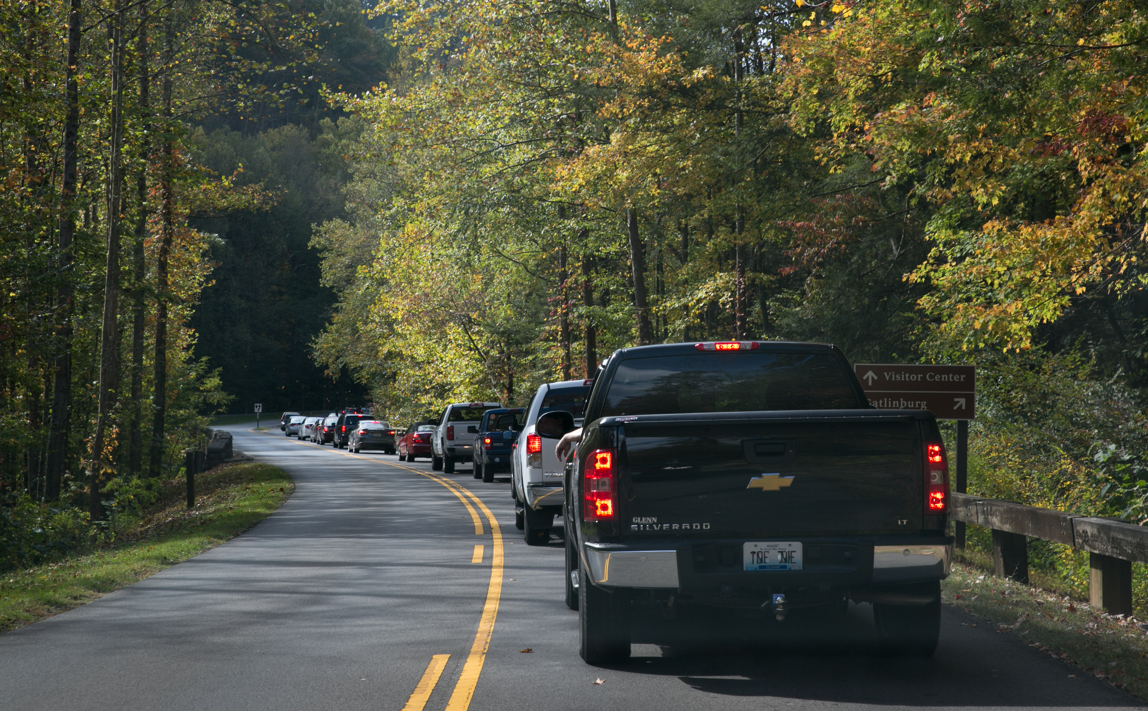 Heavy traffic greets visitors at the entrance to Great Smoky Mountains National Park on October 18, 2016 near Cherokee, N.C.