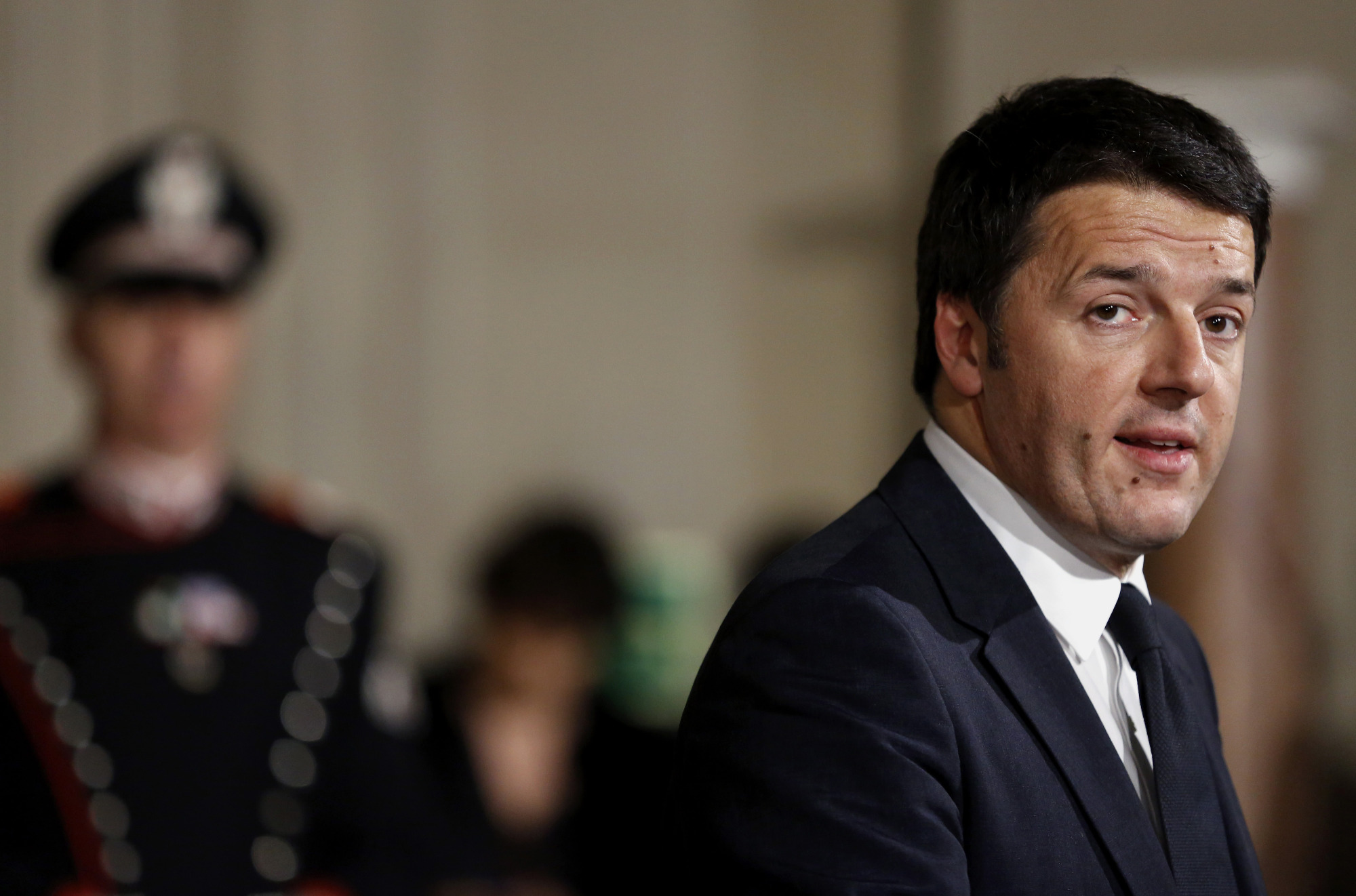 Matteo Renzi, Italy's incoming prime minister, speaks during a news conference to announce the names of the cabinet ministers that will form Italy's new government on Friday, Feb. 21, 2014.