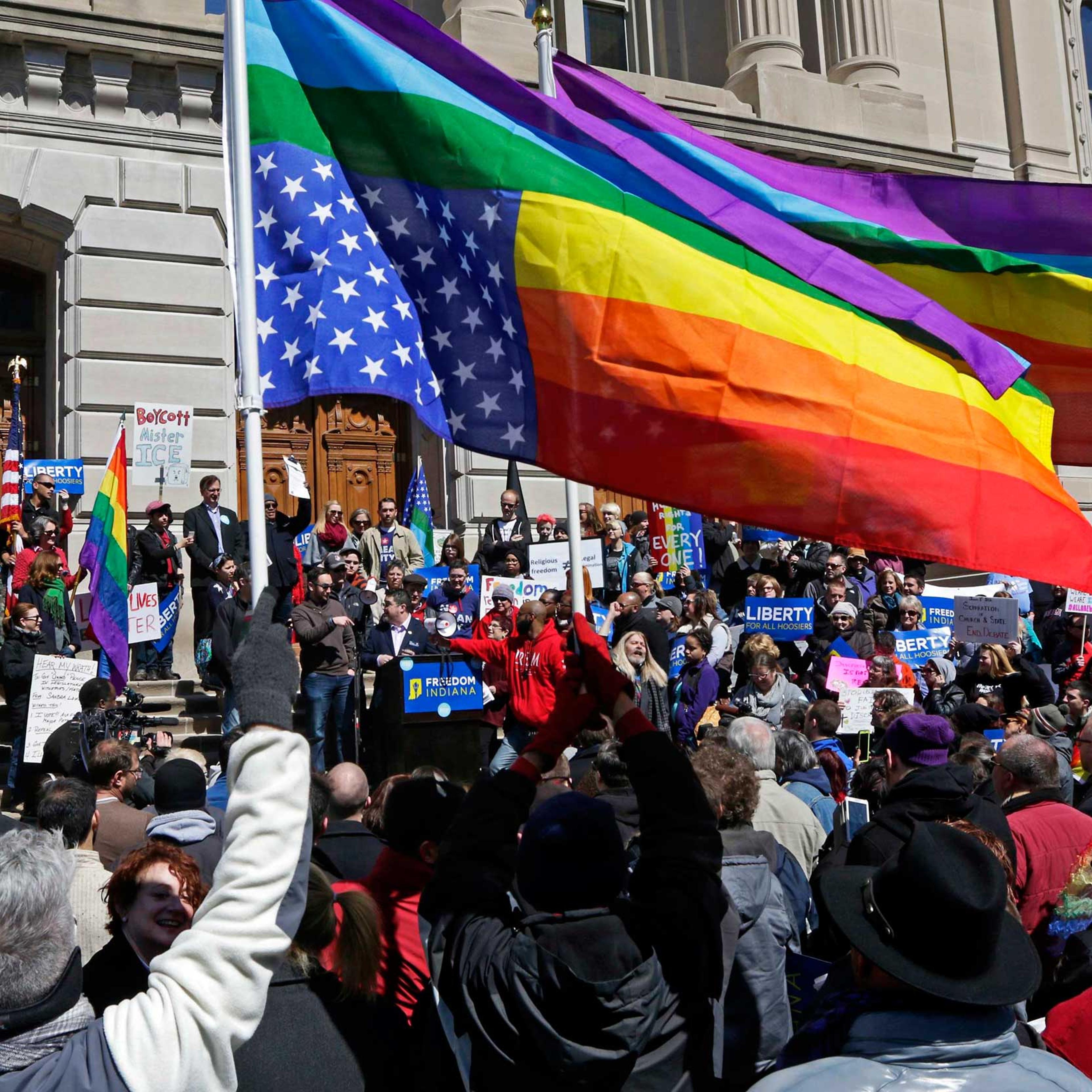 Demonstrators gather to protest a controversial religious freedom bill recently signed by Governor Mike Pence, during a rally at Monument Circle in Indianapolis on March 28, 2015.