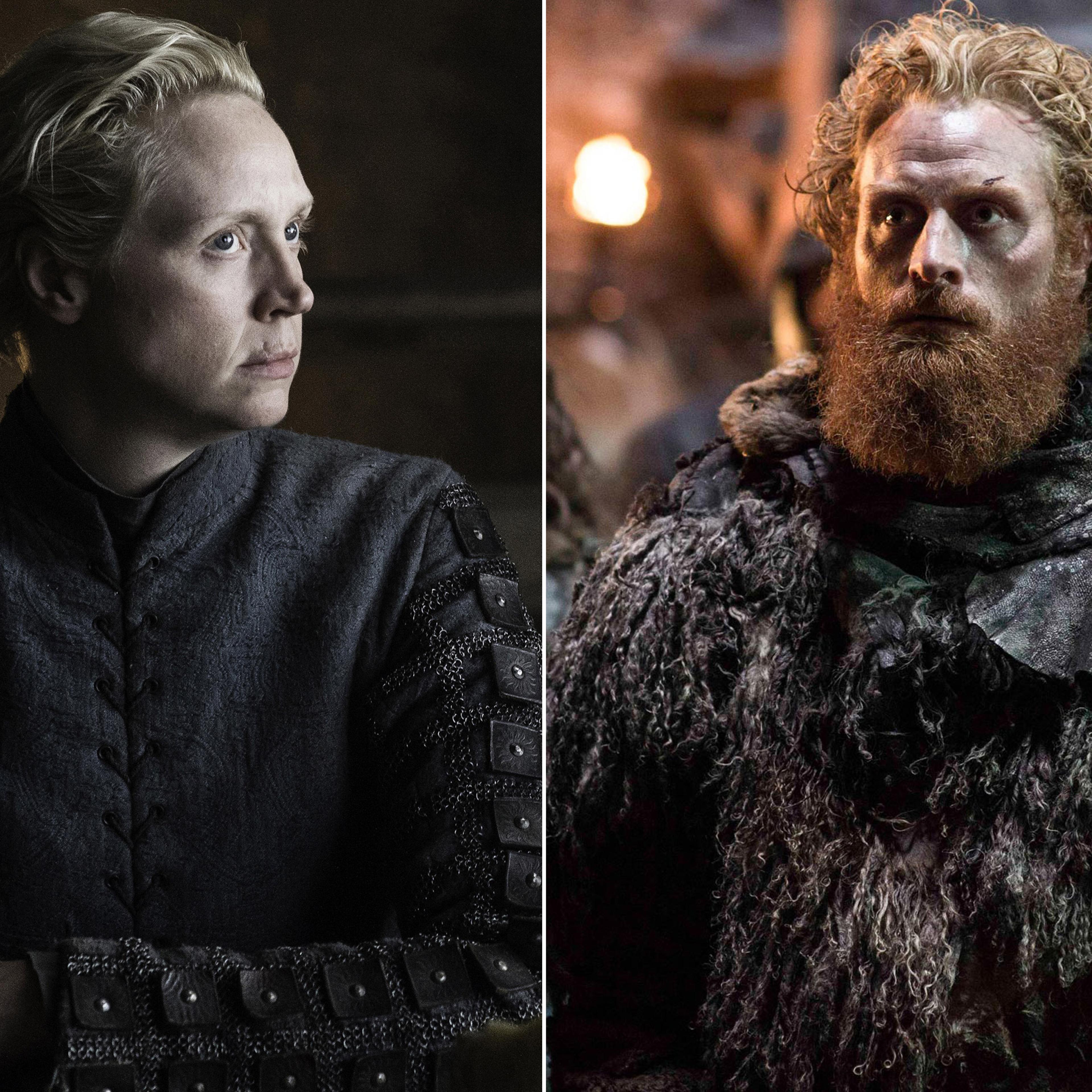Kristofer Hivju as Tormund Giantsbane and Gwendoline Christie as Brienne of Tarth in Game of Thrones.