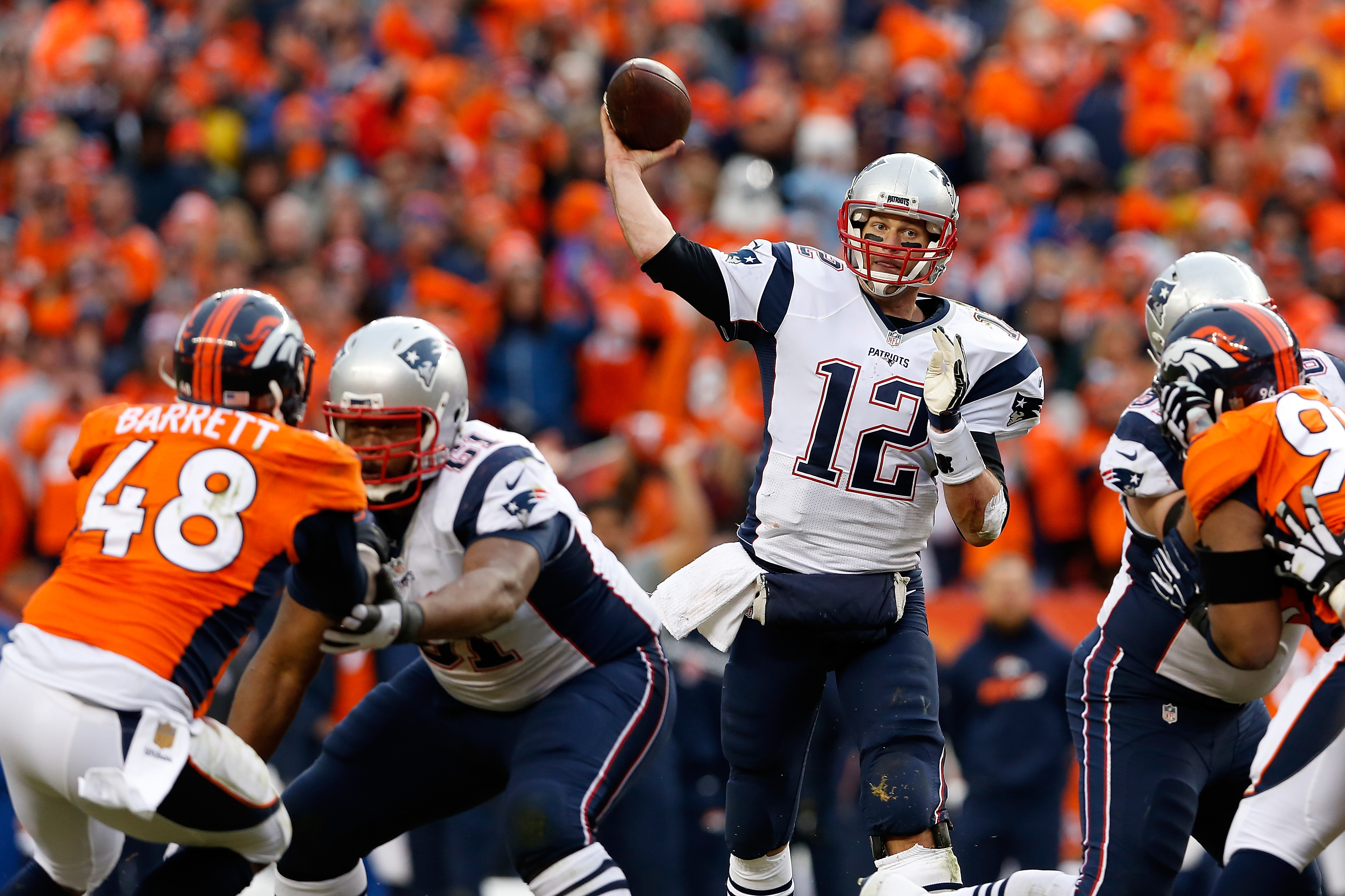 Tom Brady during the AFC Championship game at Sports Authority Field at Mile High on January 24, 2016 in Denver, Colorado.