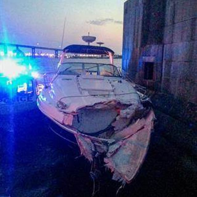 37-foot Sea Ray Sundancer after colliding with a barrier at the Francis Scott Key Bridge in Baltimore on July 27, 2015.