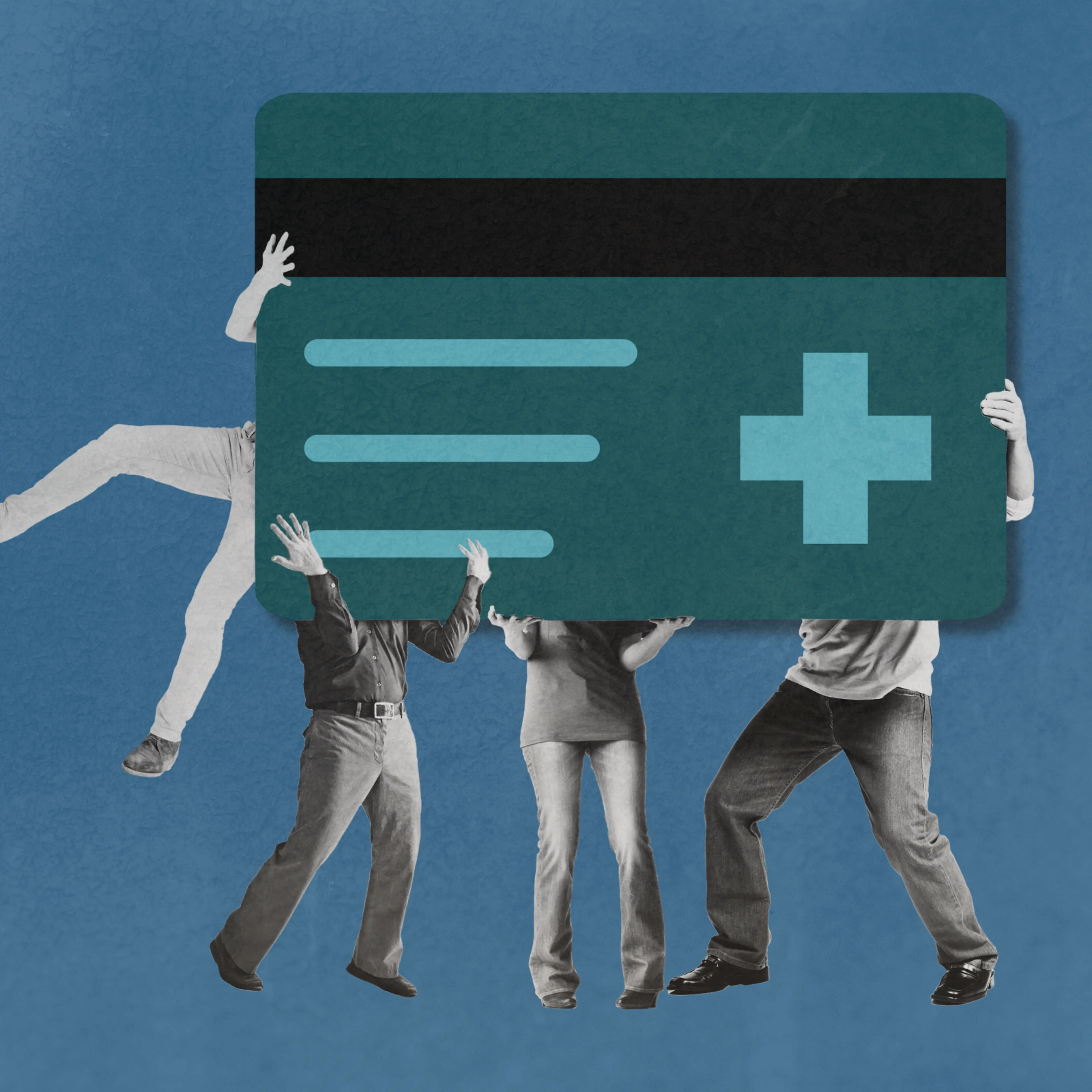 A photo-illustration of four people collectively holding one insurance card.