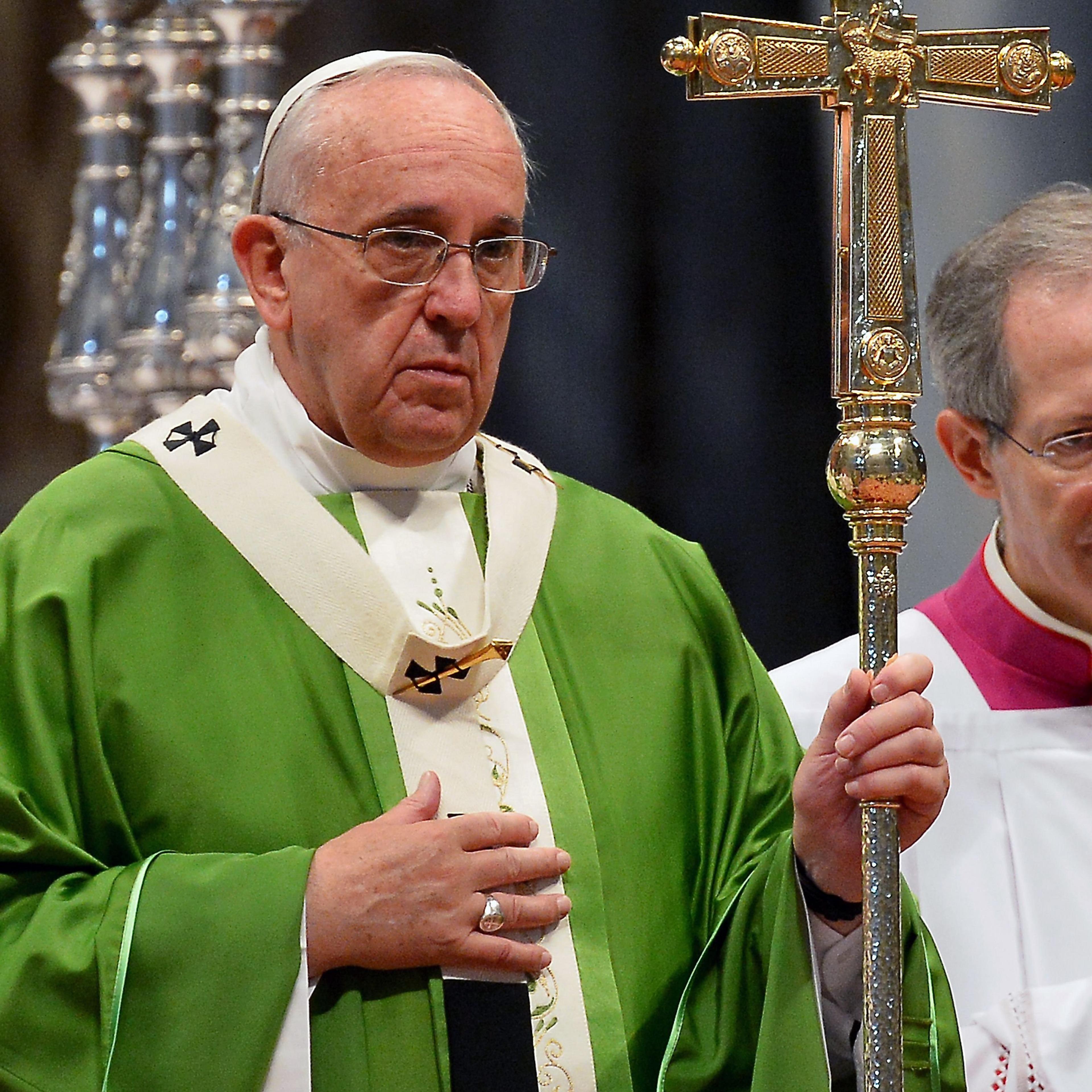 Pope Francis leads a mass honouring the canonisation of two Canadian saints in St. Peter's basilica at the Vatican on Oct. 12, 2014.